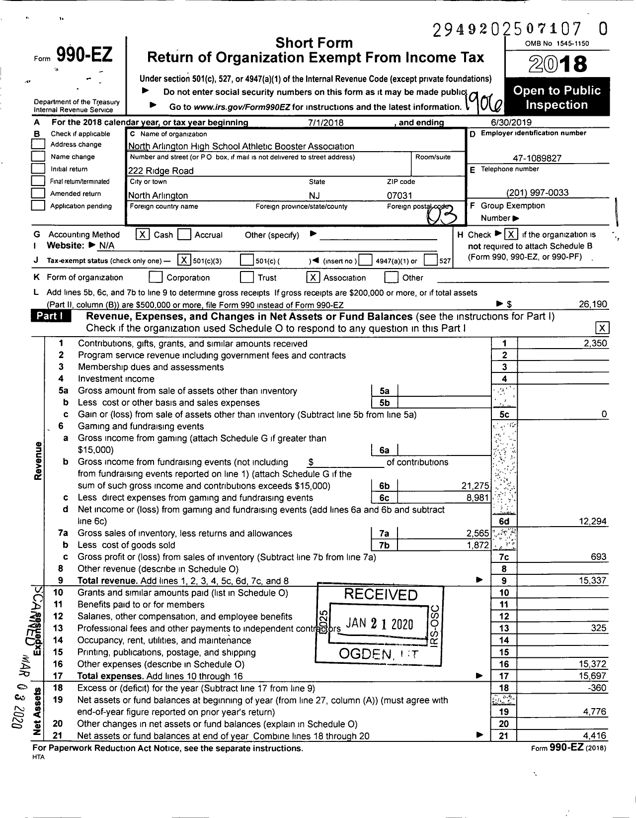 Image of first page of 2018 Form 990EZ for North Arlington High School Athletic Booster Association