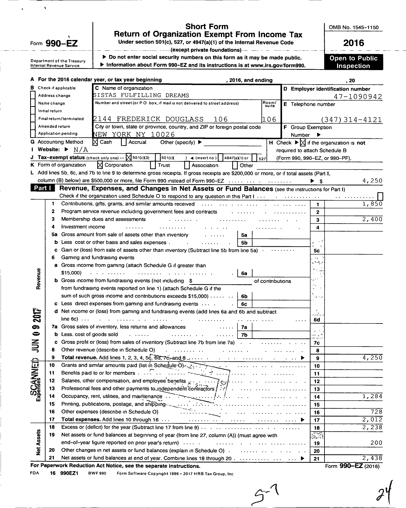 Image of first page of 2016 Form 990EZ for Sistas Fulfilling Dreams