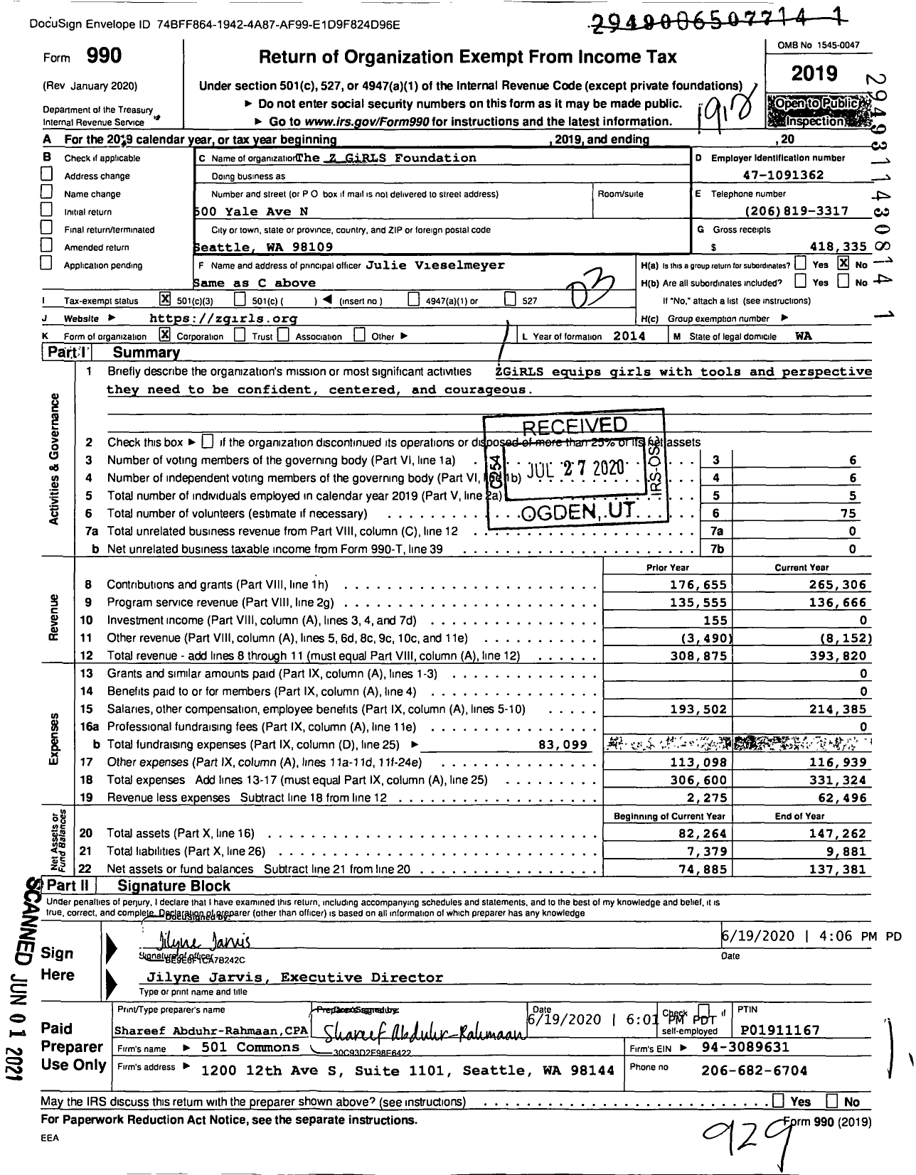 Image of first page of 2019 Form 990 for Z GiRLS Foundation