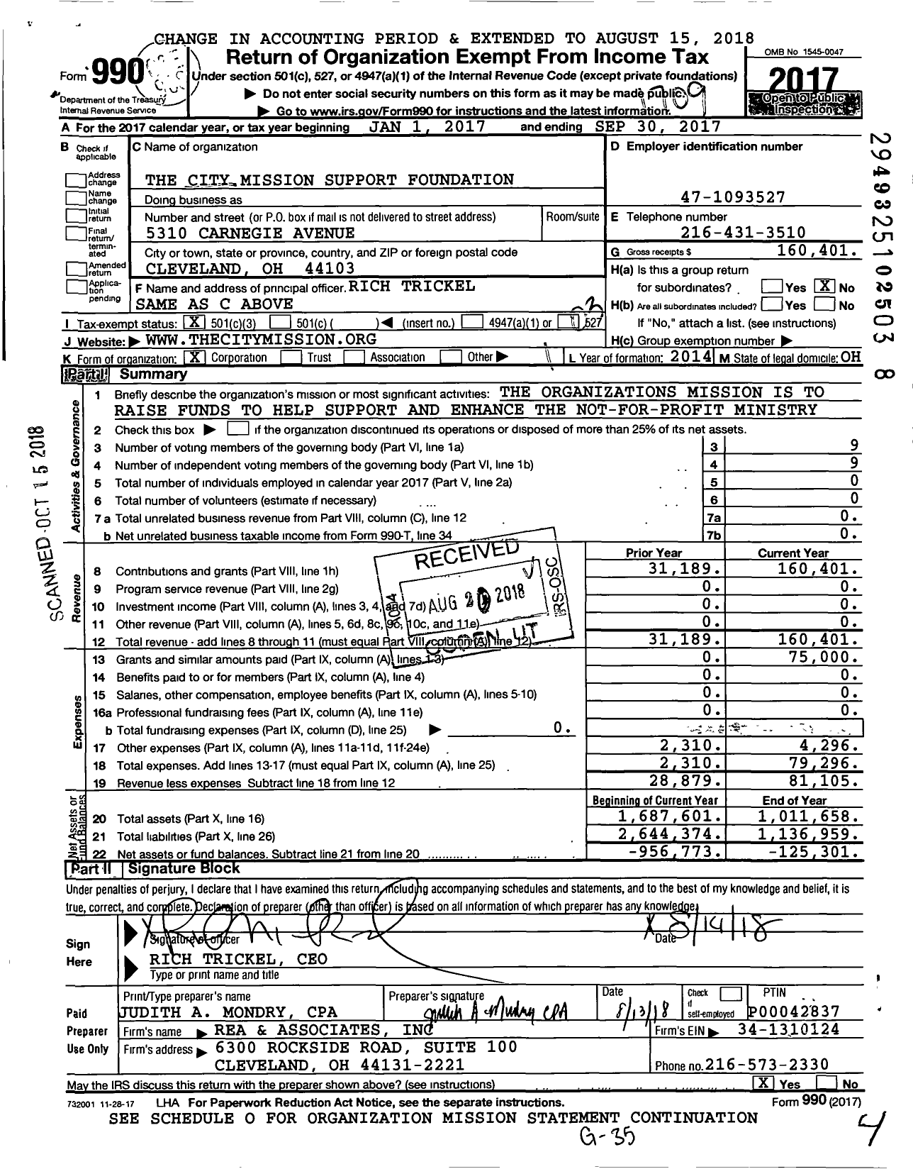 Image of first page of 2016 Form 990 for The City Mission Support Foundation