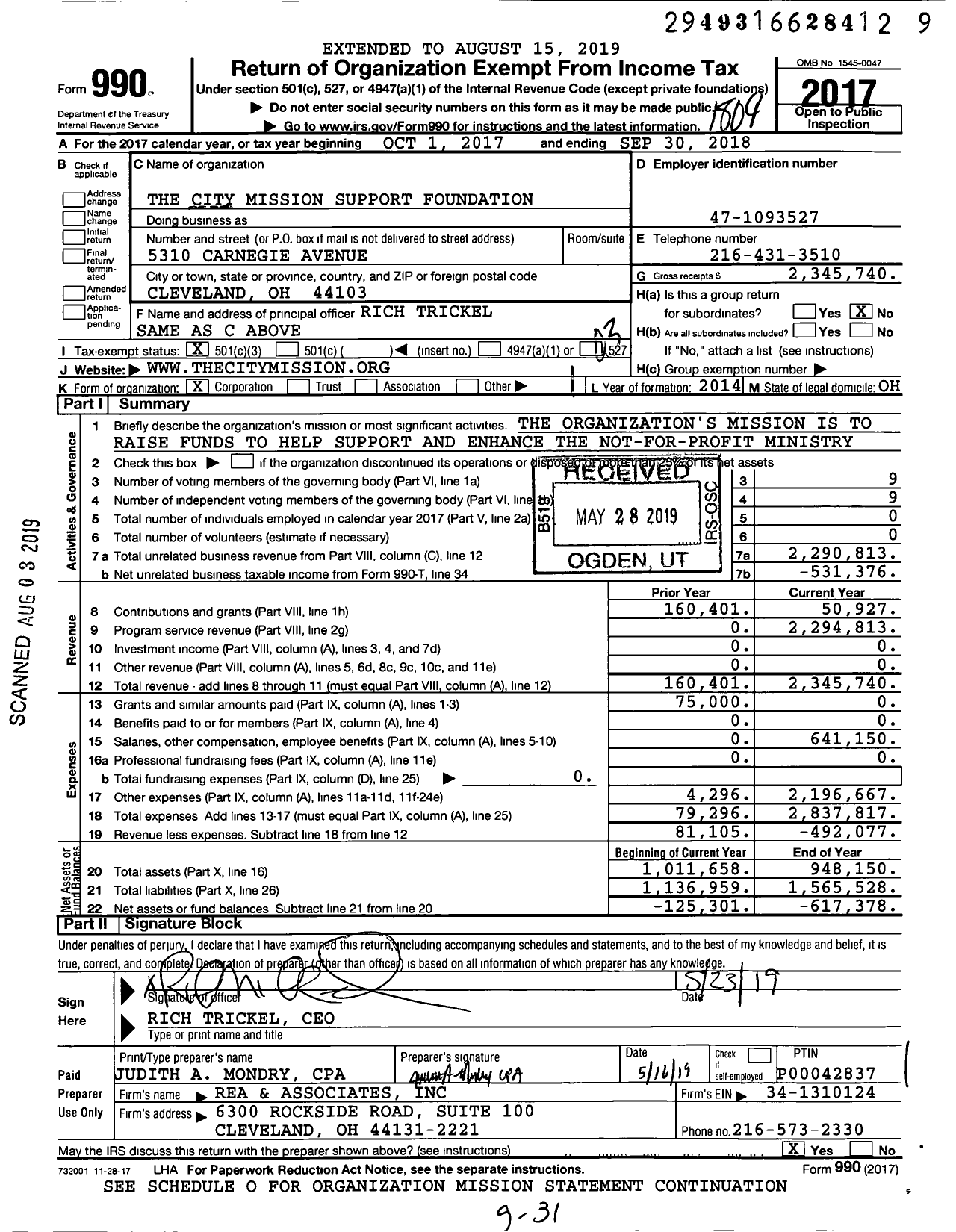 Image of first page of 2017 Form 990 for The City Mission Support Foundation