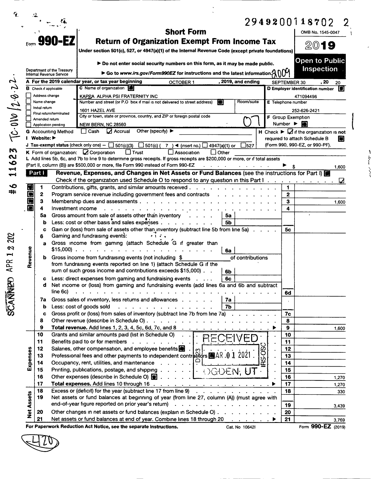 Image of first page of 2019 Form 990EO for Kappa Alpha Psi Fraternity - 909 New Bern NC Alumni Chapter