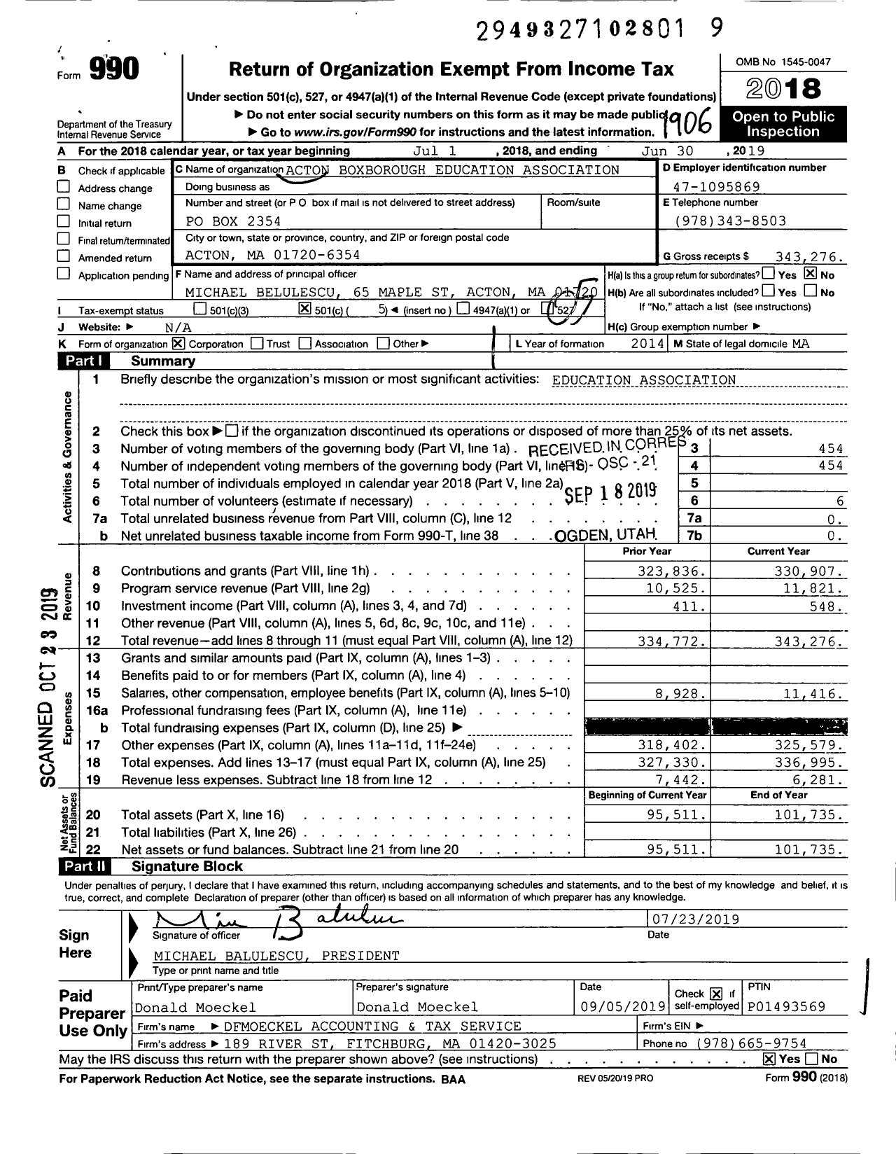 Image of first page of 2018 Form 990O for Acton Boxborough Education Association