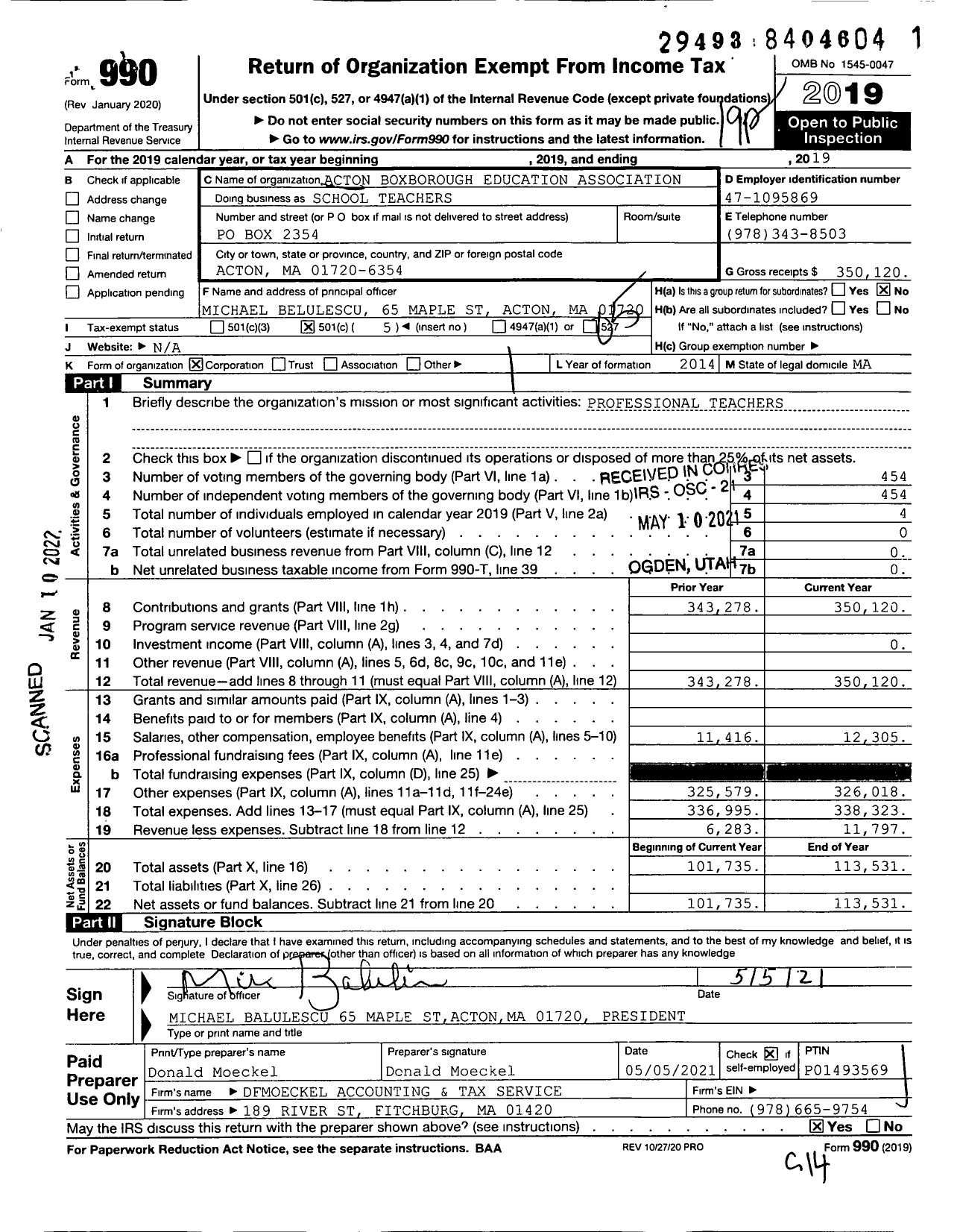 Image of first page of 2019 Form 990O for Acton Boxborough Education Association