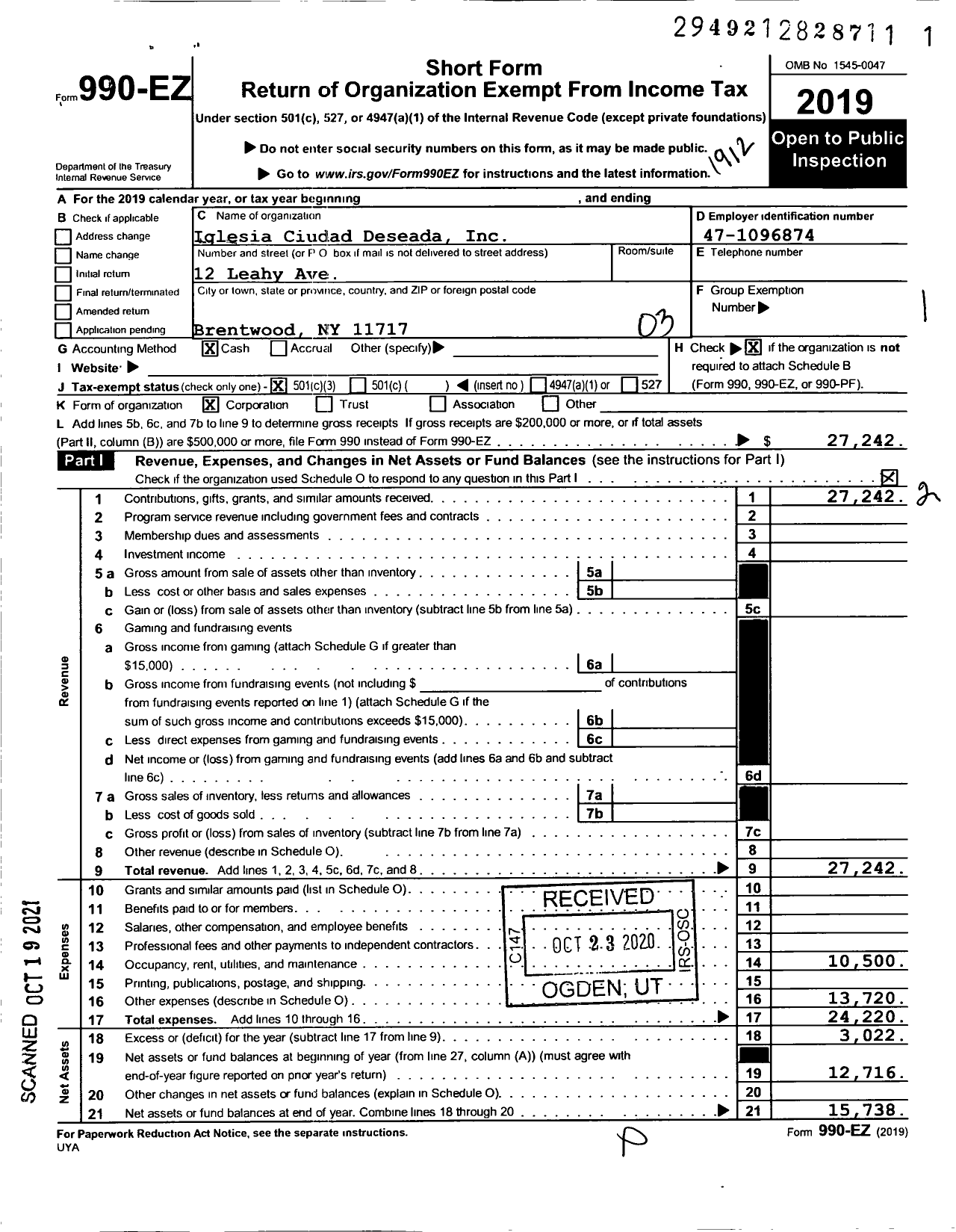 Image of first page of 2019 Form 990EZ for Iglesia Ciudad Deseada