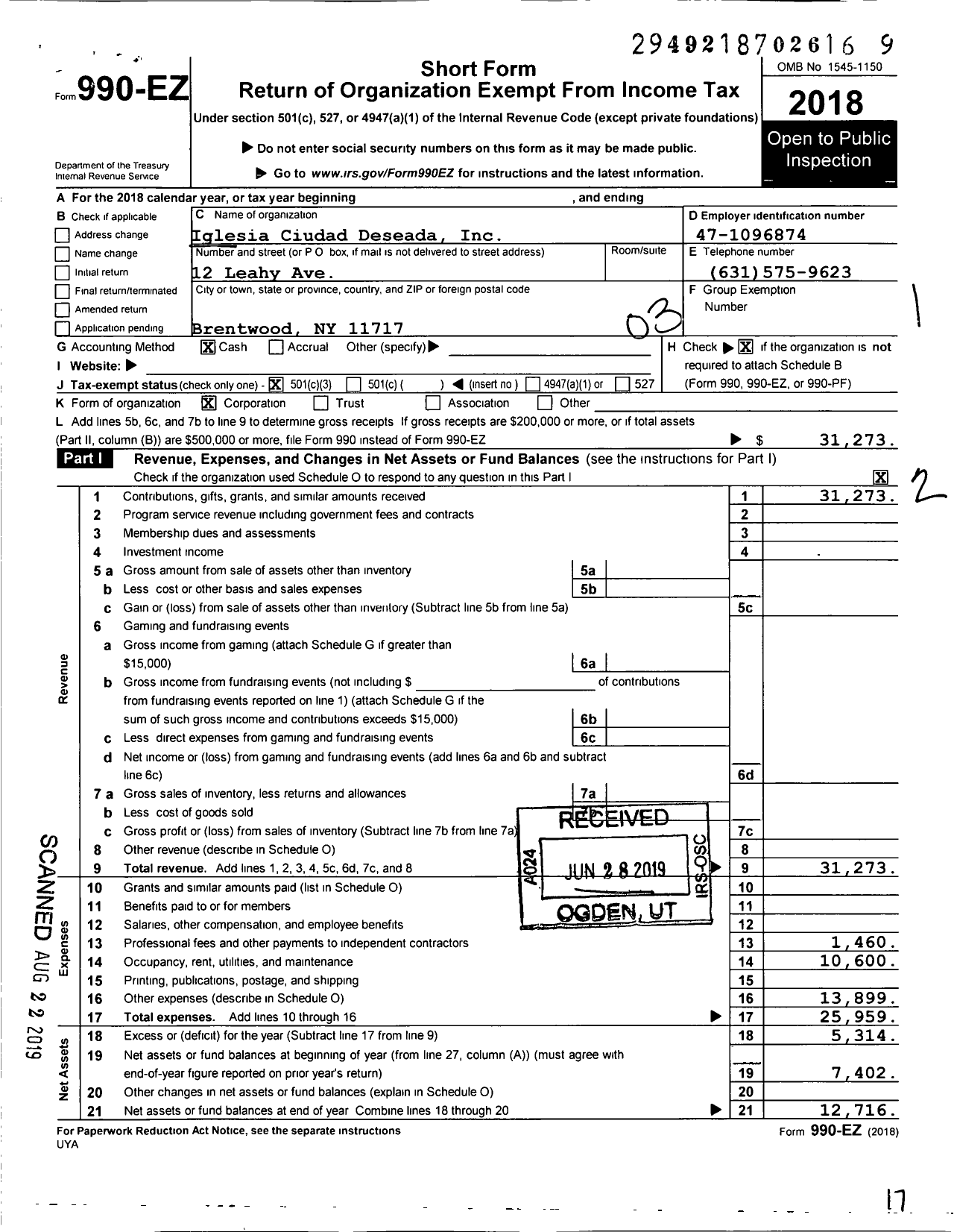 Image of first page of 2018 Form 990EZ for Iglesia Ciudad Deseada