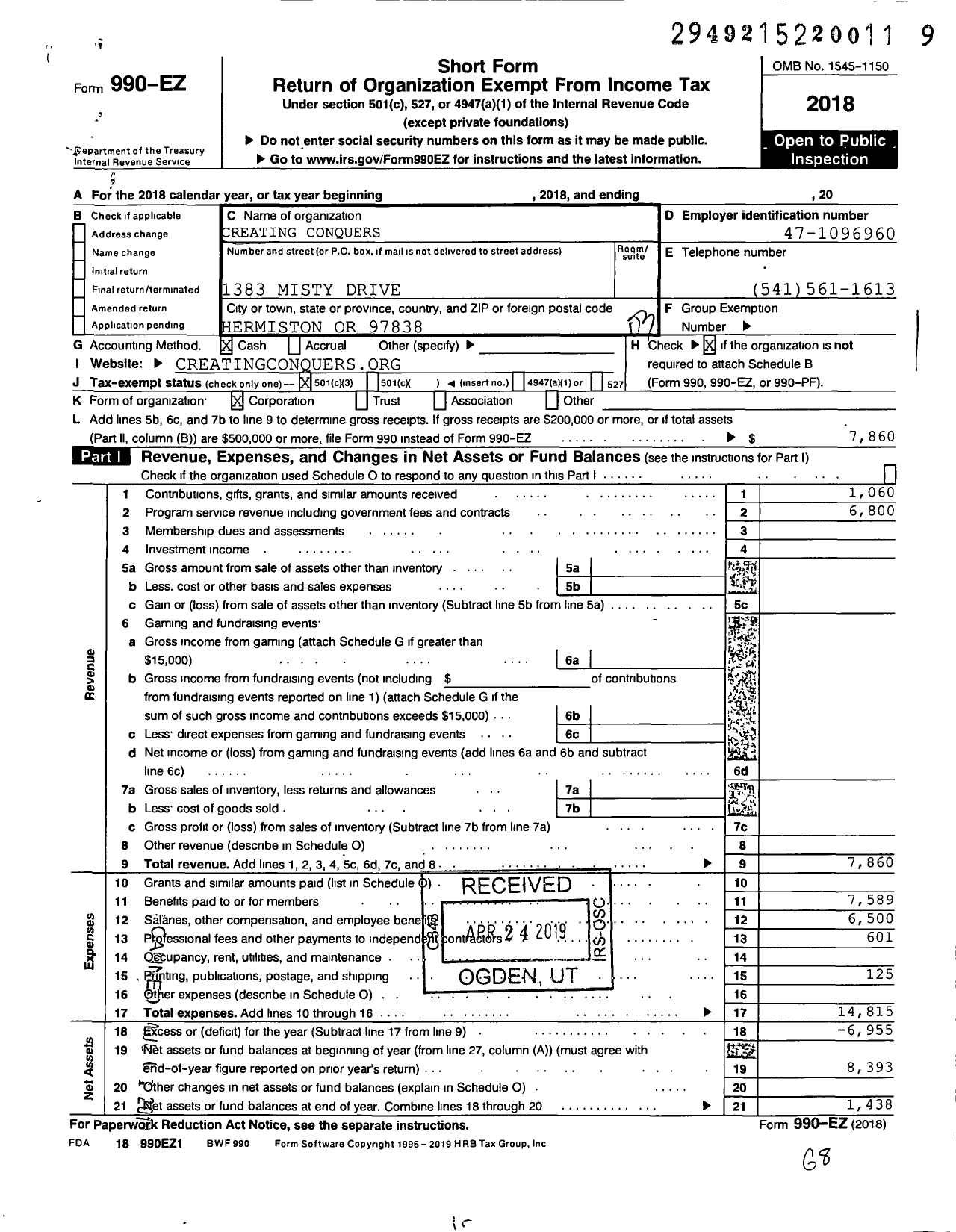 Image of first page of 2018 Form 990EZ for Creating Conquerors