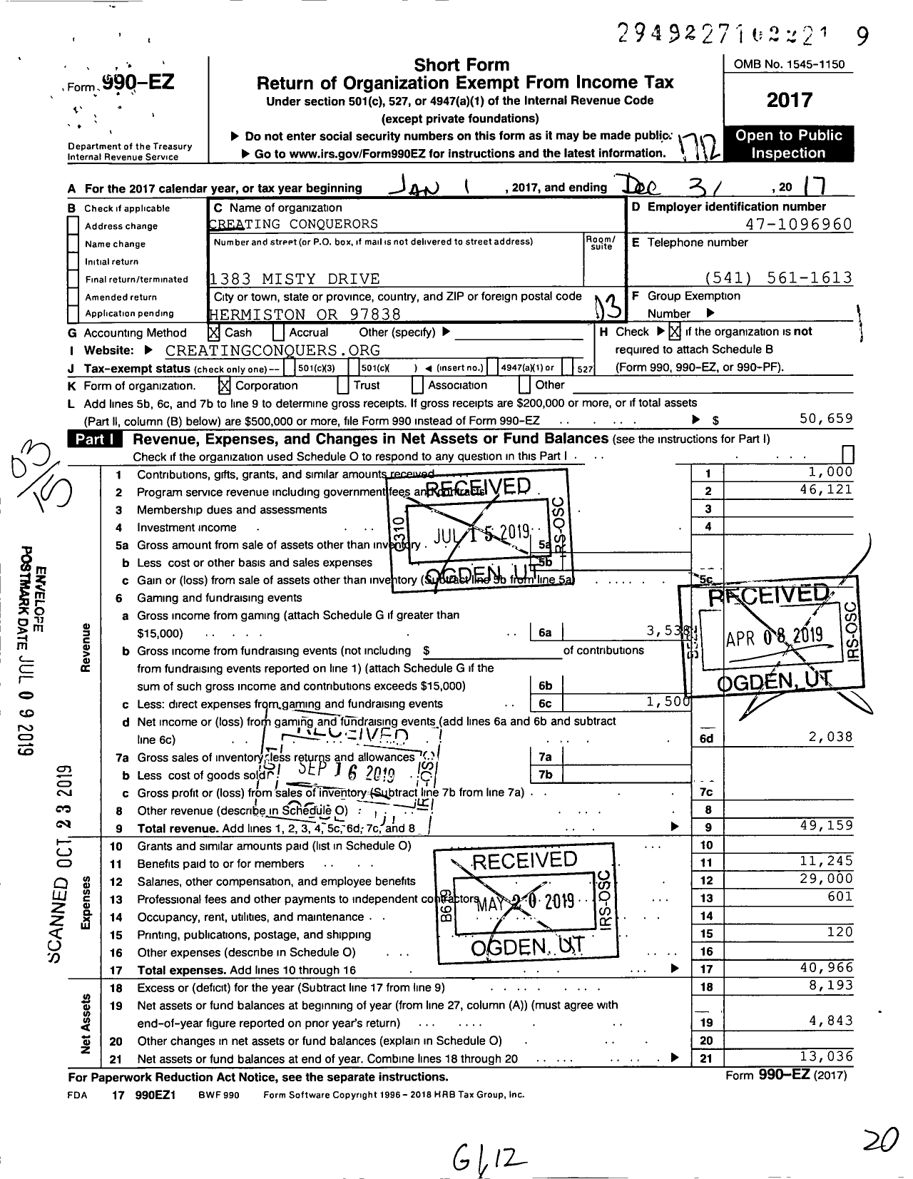 Image of first page of 2017 Form 990EZ for Creating Conquerors