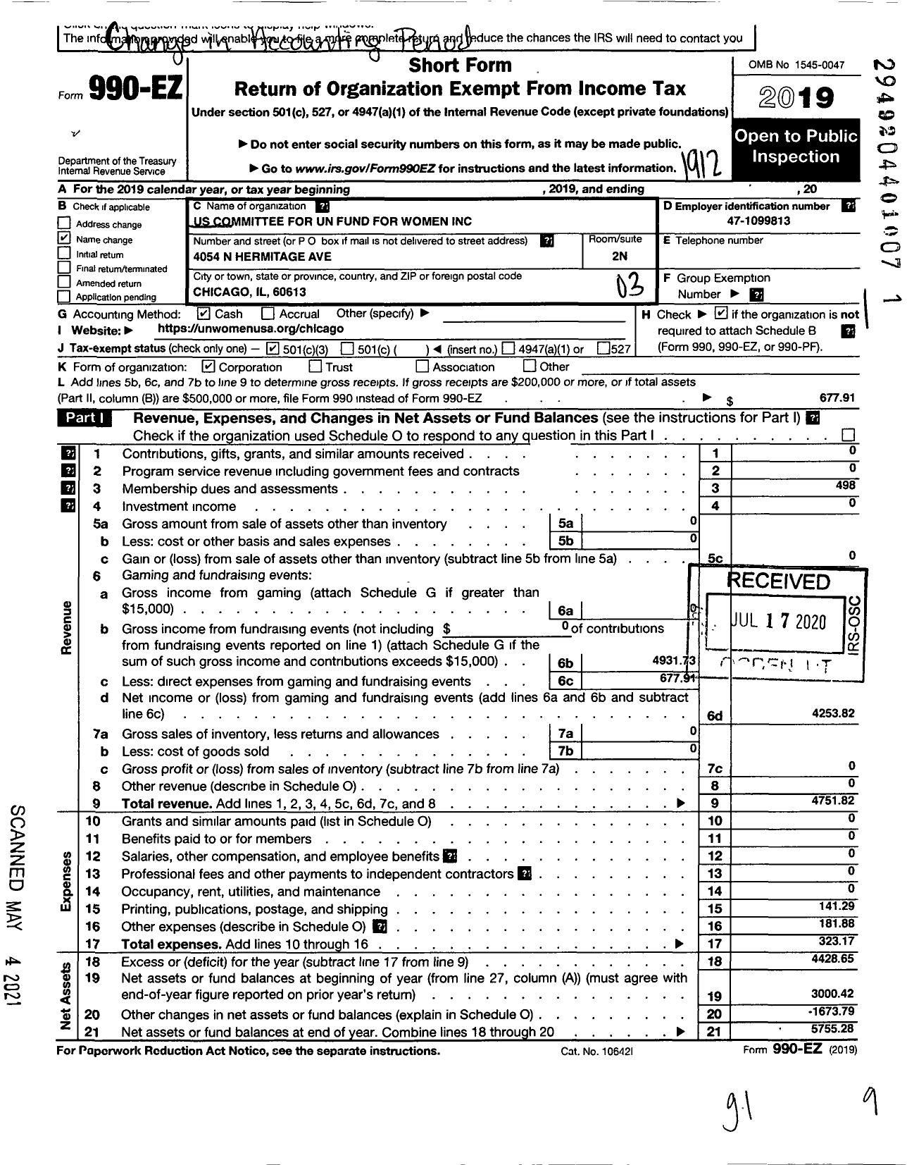 Image of first page of 2019 Form 990EZ for Us Committee for Un Fund for Women / Chicago Usnc-Un Women