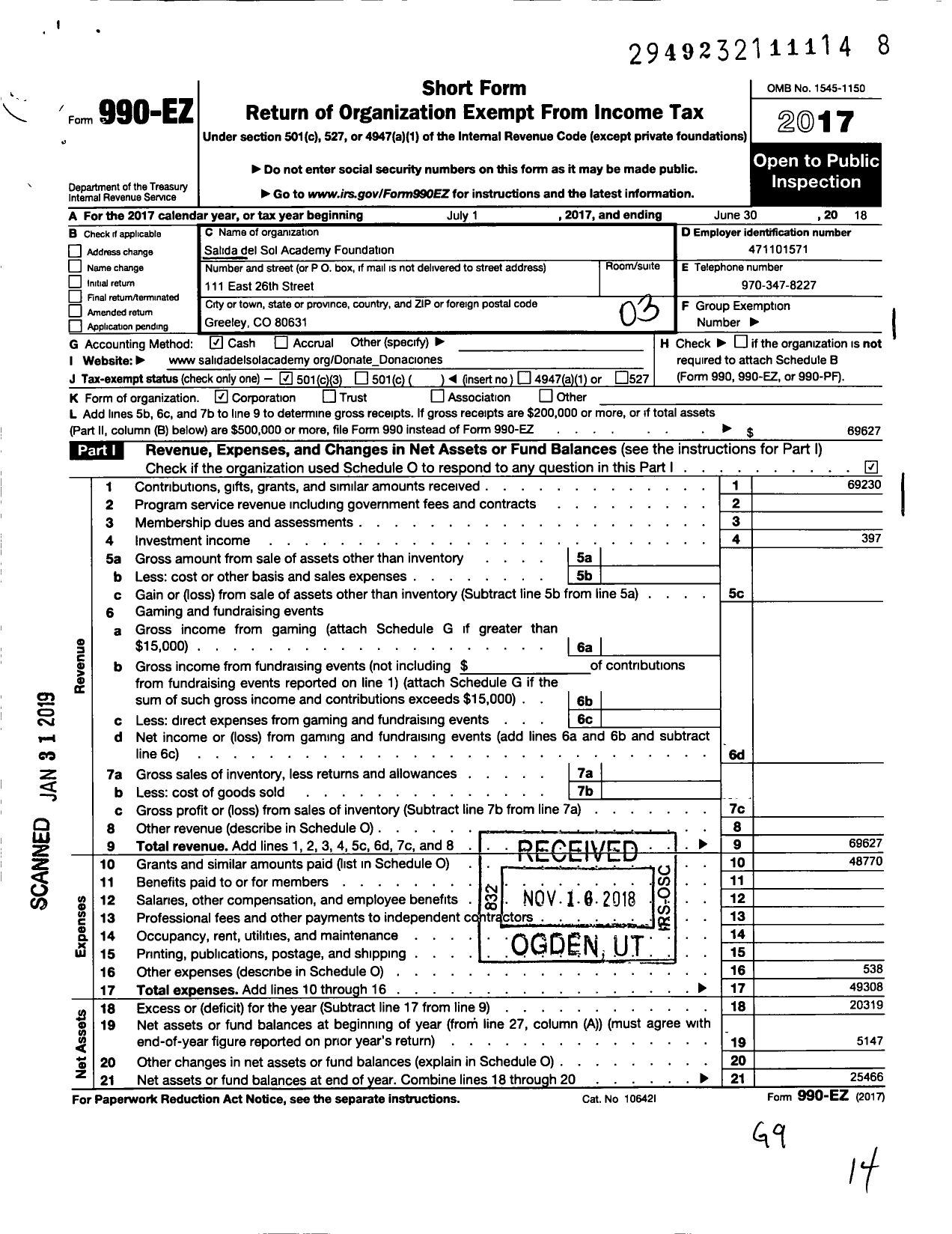 Image of first page of 2017 Form 990EZ for Salida Del Sol Academy Foundation