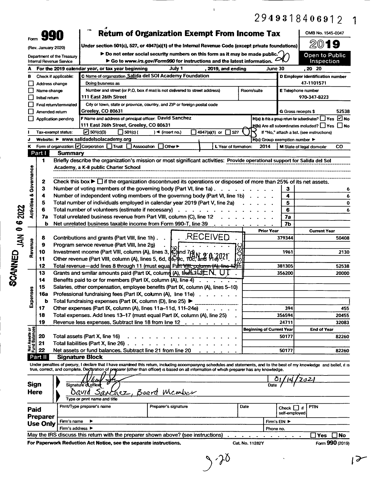 Image of first page of 2019 Form 990 for Salida Del Sol Academy Foundation