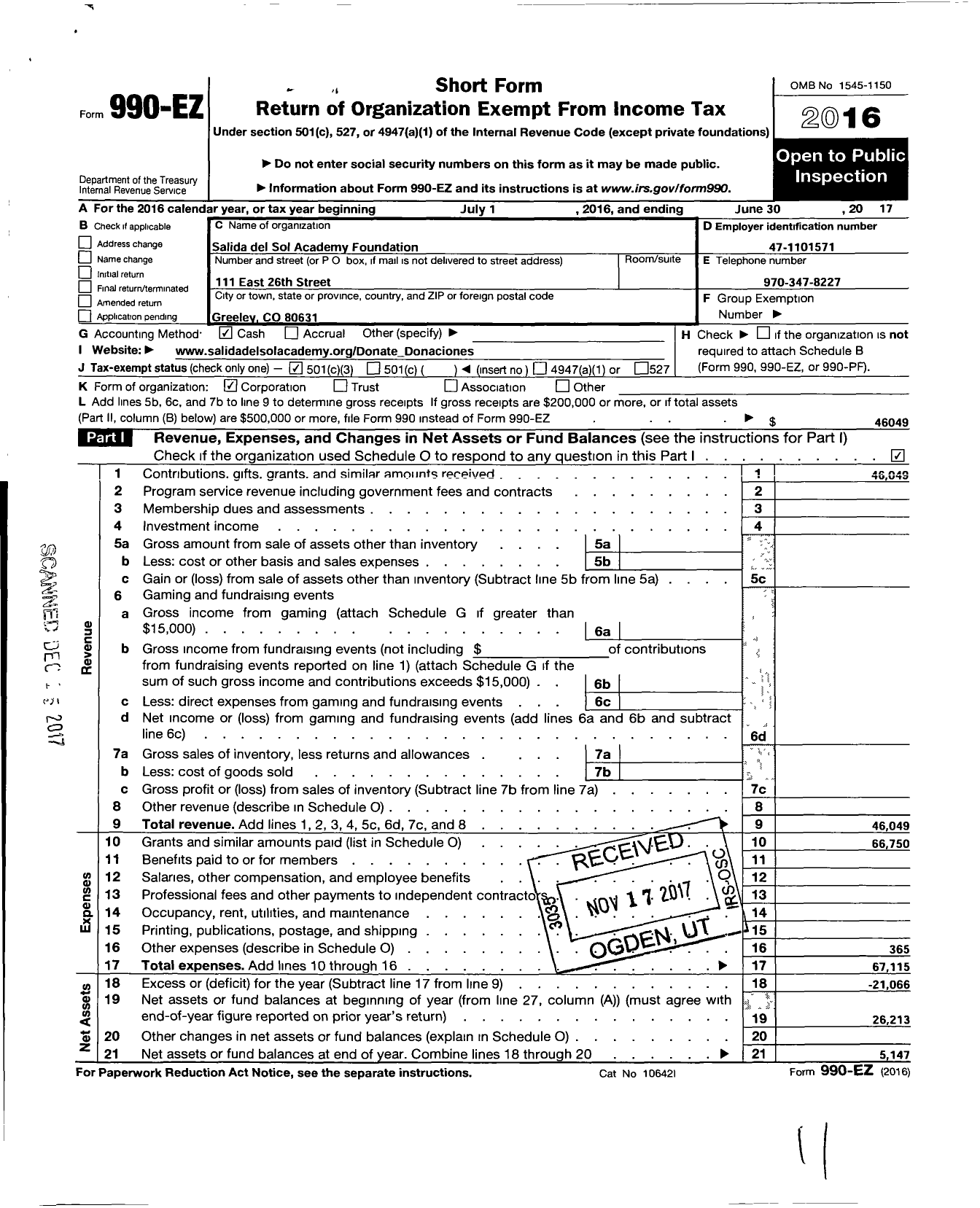 Image of first page of 2016 Form 990EZ for Salida Del Sol Academy Foundation