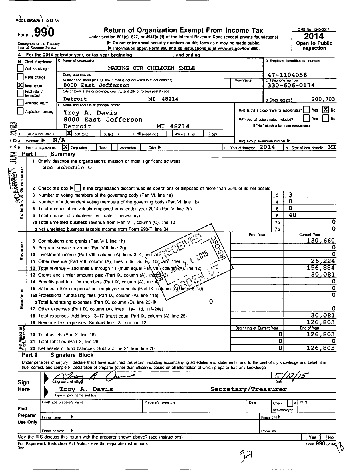 Image of first page of 2014 Form 990 for Making Our Children Smile