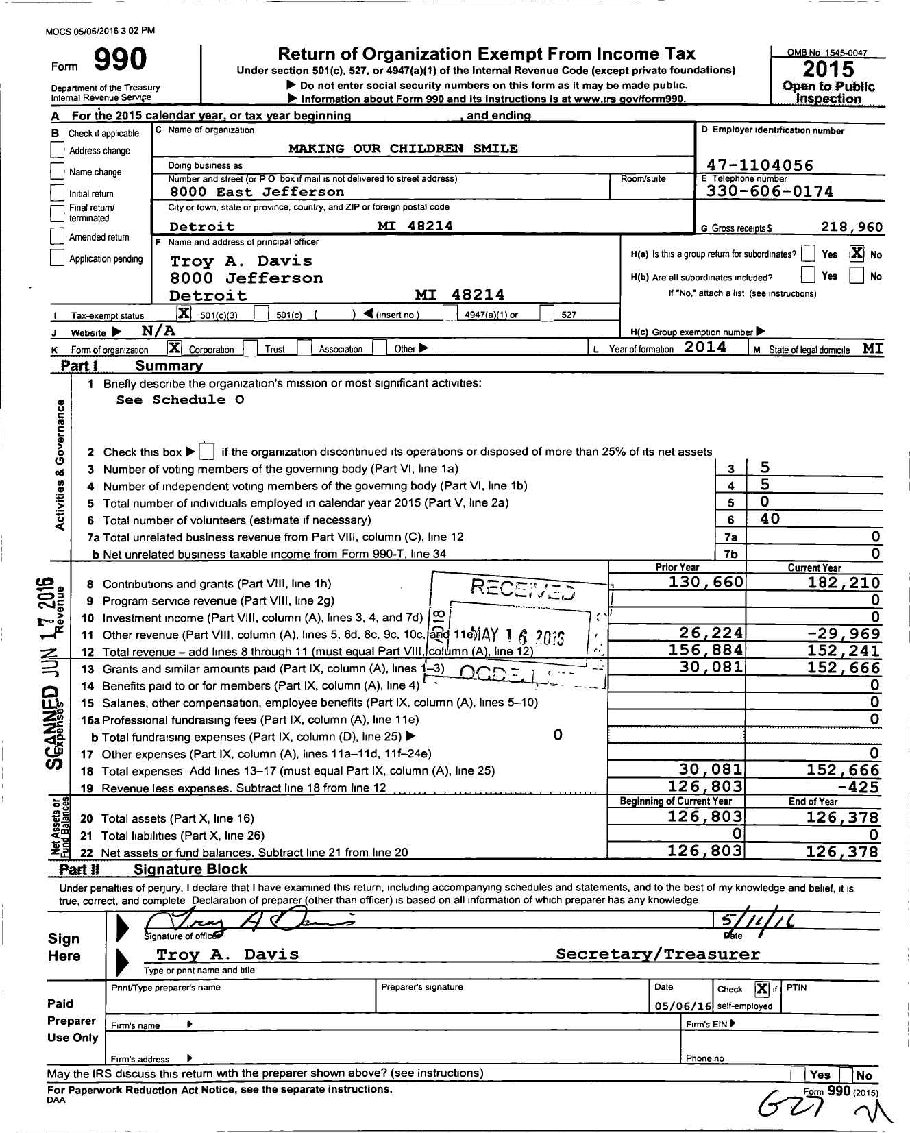 Image of first page of 2015 Form 990 for Making Our Children Smile