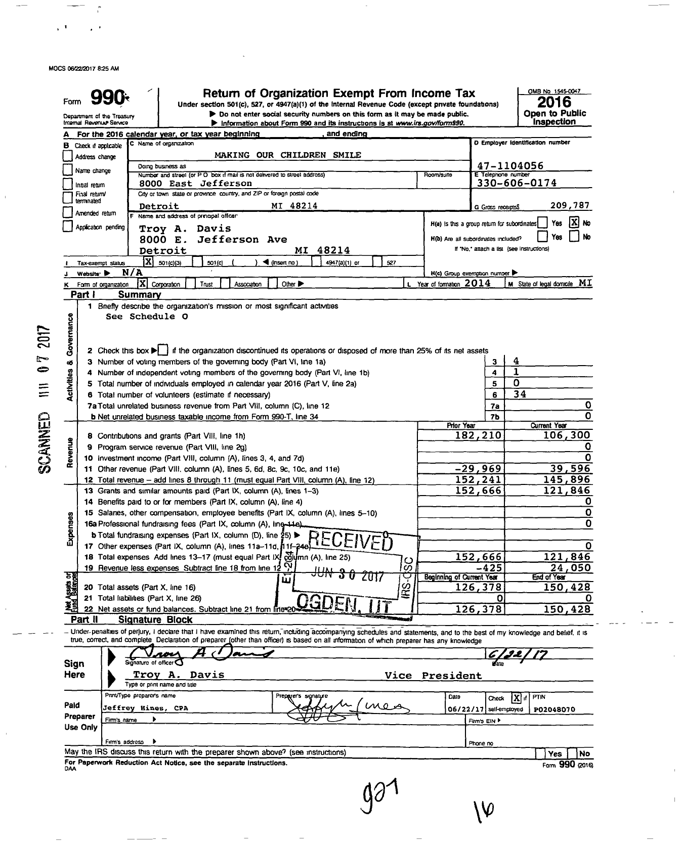 Image of first page of 2016 Form 990 for Making Our Children Smile