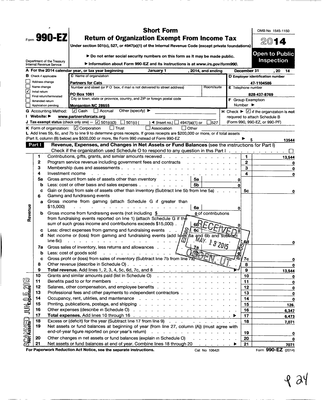 Image of first page of 2014 Form 990EZ for Partners for Cats