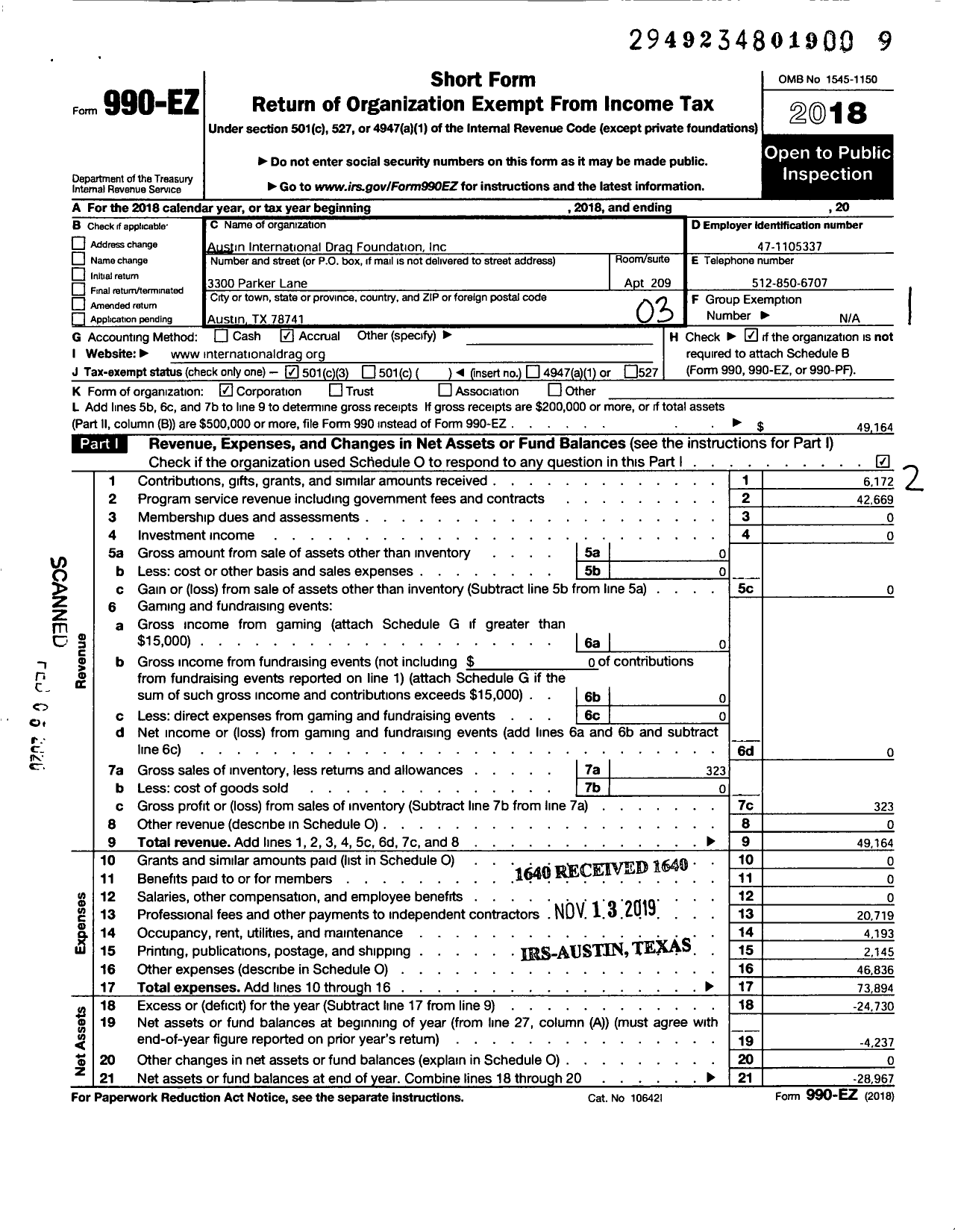 Image of first page of 2018 Form 990EZ for Austin International Drag Foundation