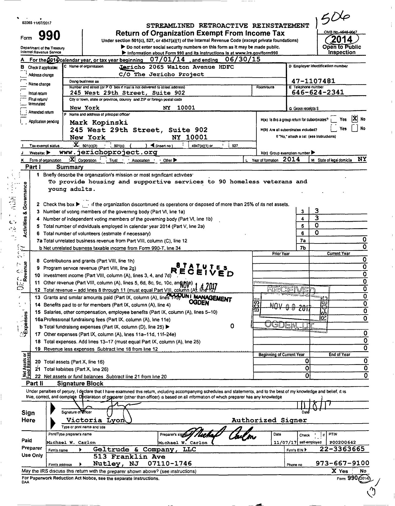 Image of first page of 2014 Form 990 for Jericho 2065 Walton Avenue HDFC