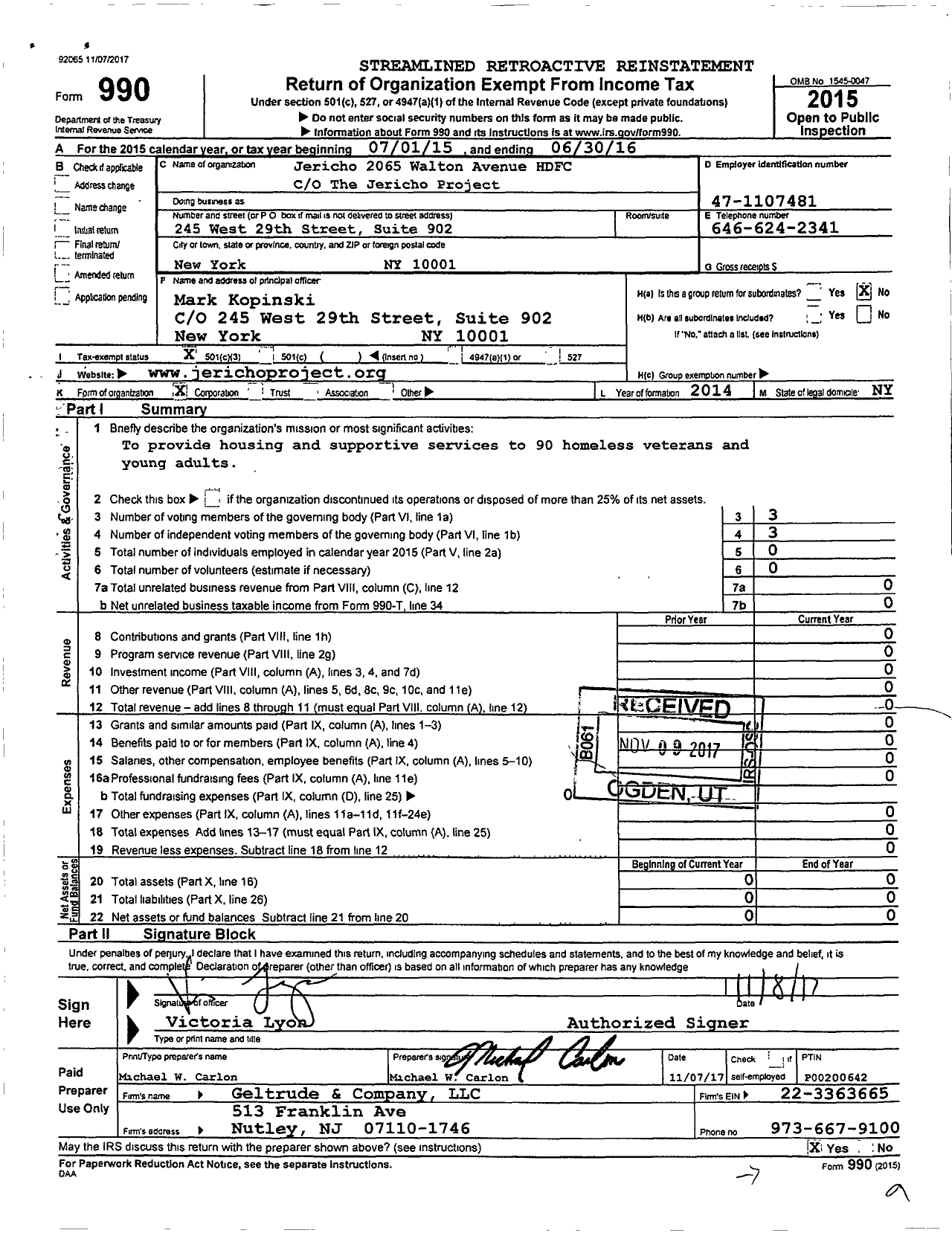 Image of first page of 2015 Form 990 for Jericho 2065 Walton Avenue HDFC