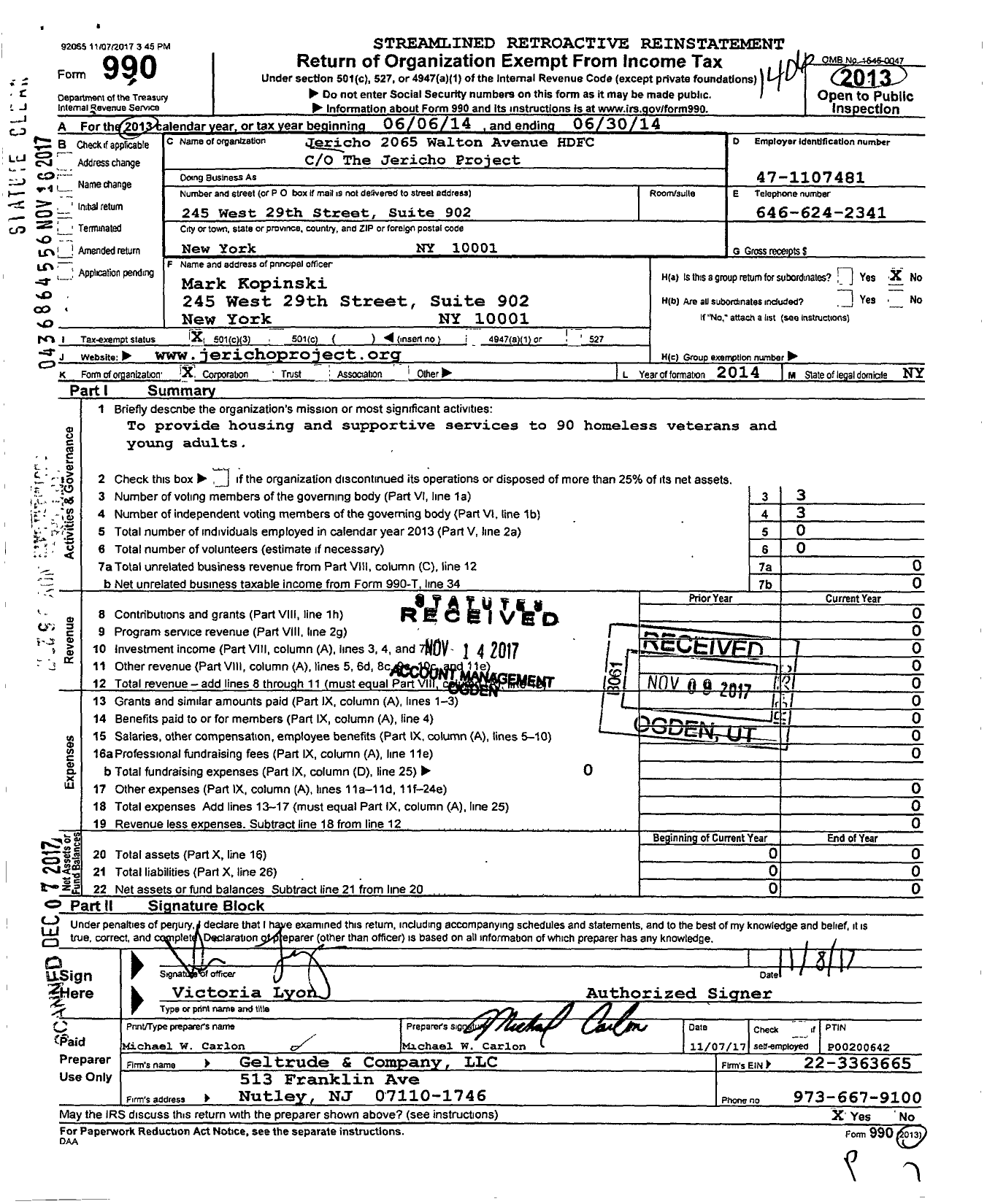 Image of first page of 2013 Form 990 for Jericho 2065 Walton Avenue HDFC