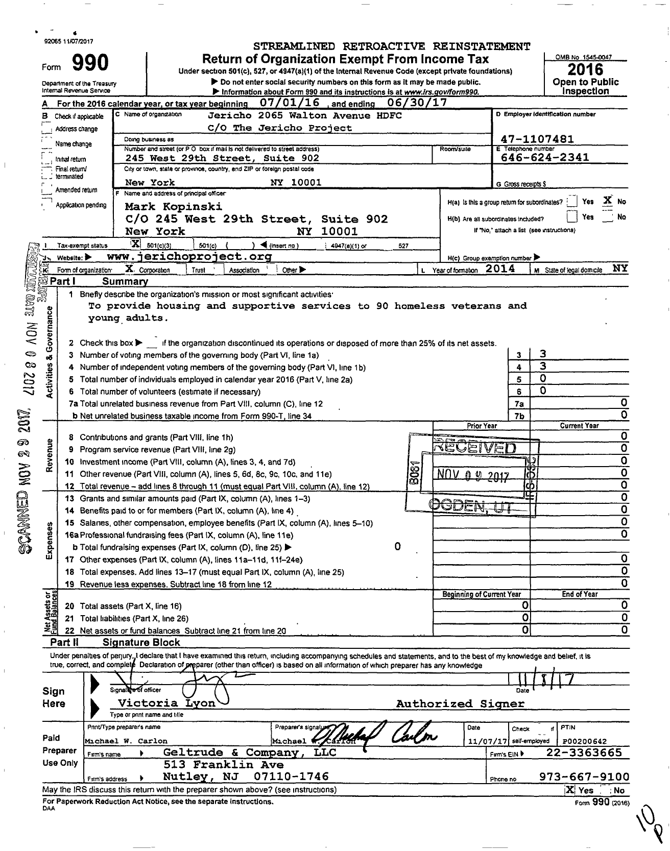Image of first page of 2016 Form 990 for Jericho 2065 Walton Avenue HDFC