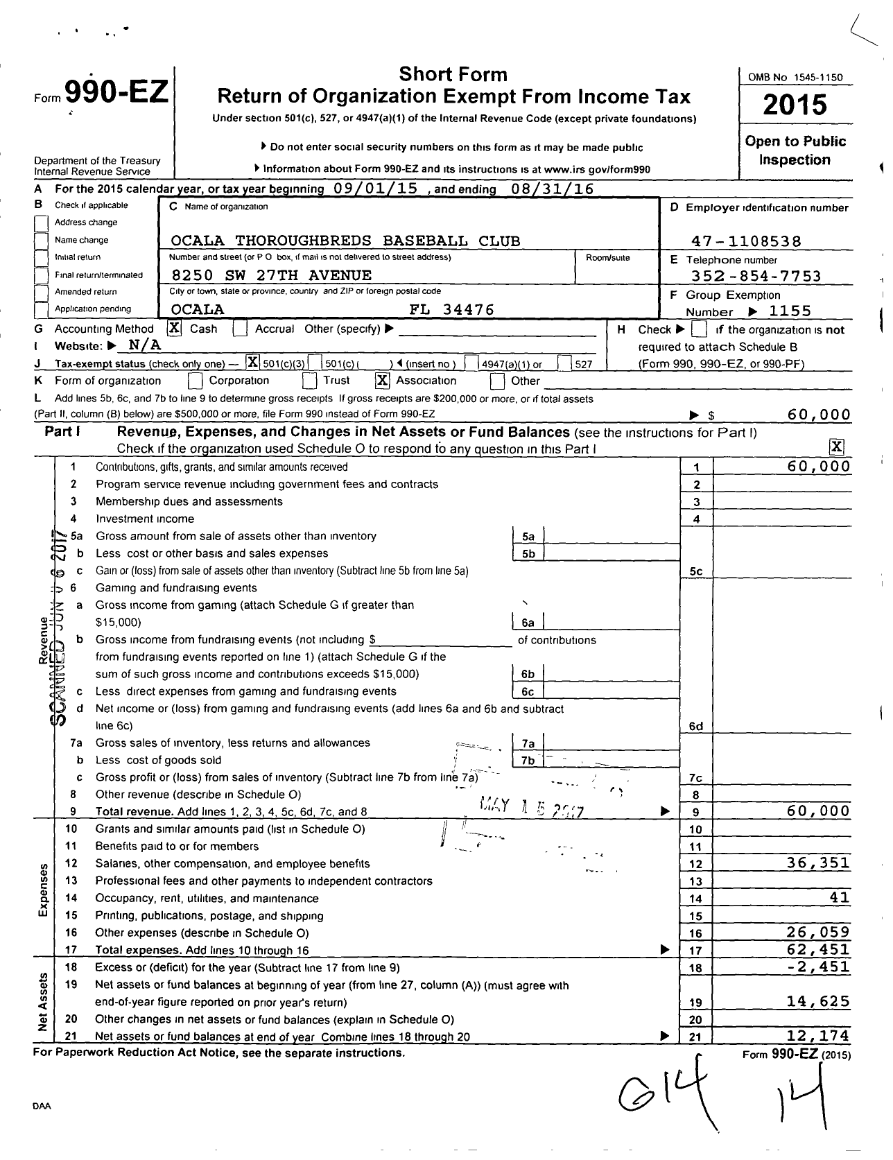 Image of first page of 2015 Form 990EZ for Amateur Athletic Union - Ocala Throughbreds Baseball Club