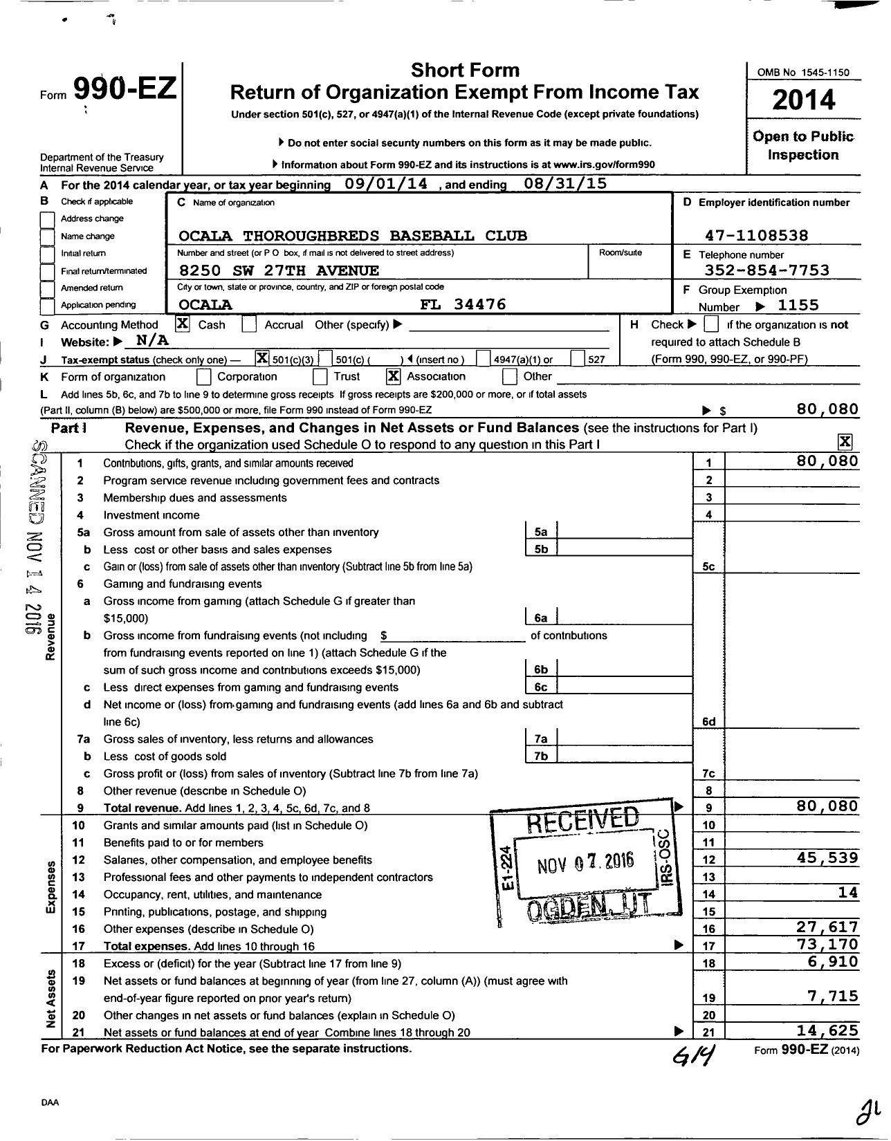 Image of first page of 2014 Form 990EZ for Amateur Athletic Union - Ocala Throughbreds Baseball Club