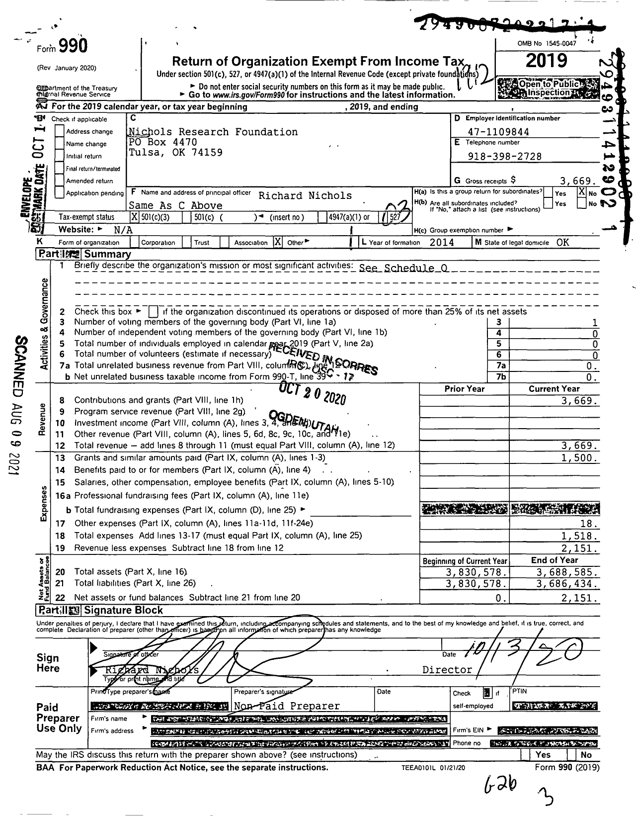 Image of first page of 2019 Form 990 for Nichols Research Foundation