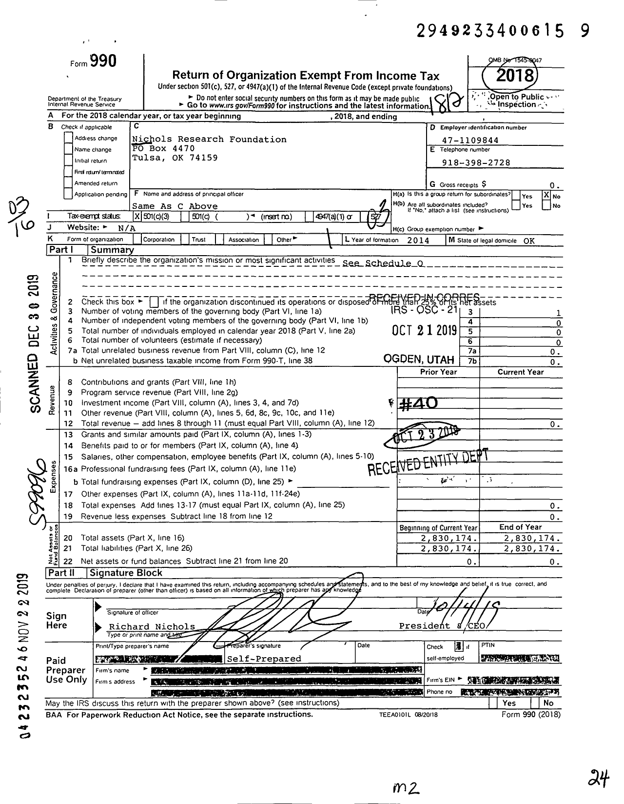 Image of first page of 2018 Form 990 for Nichols Research Foundation