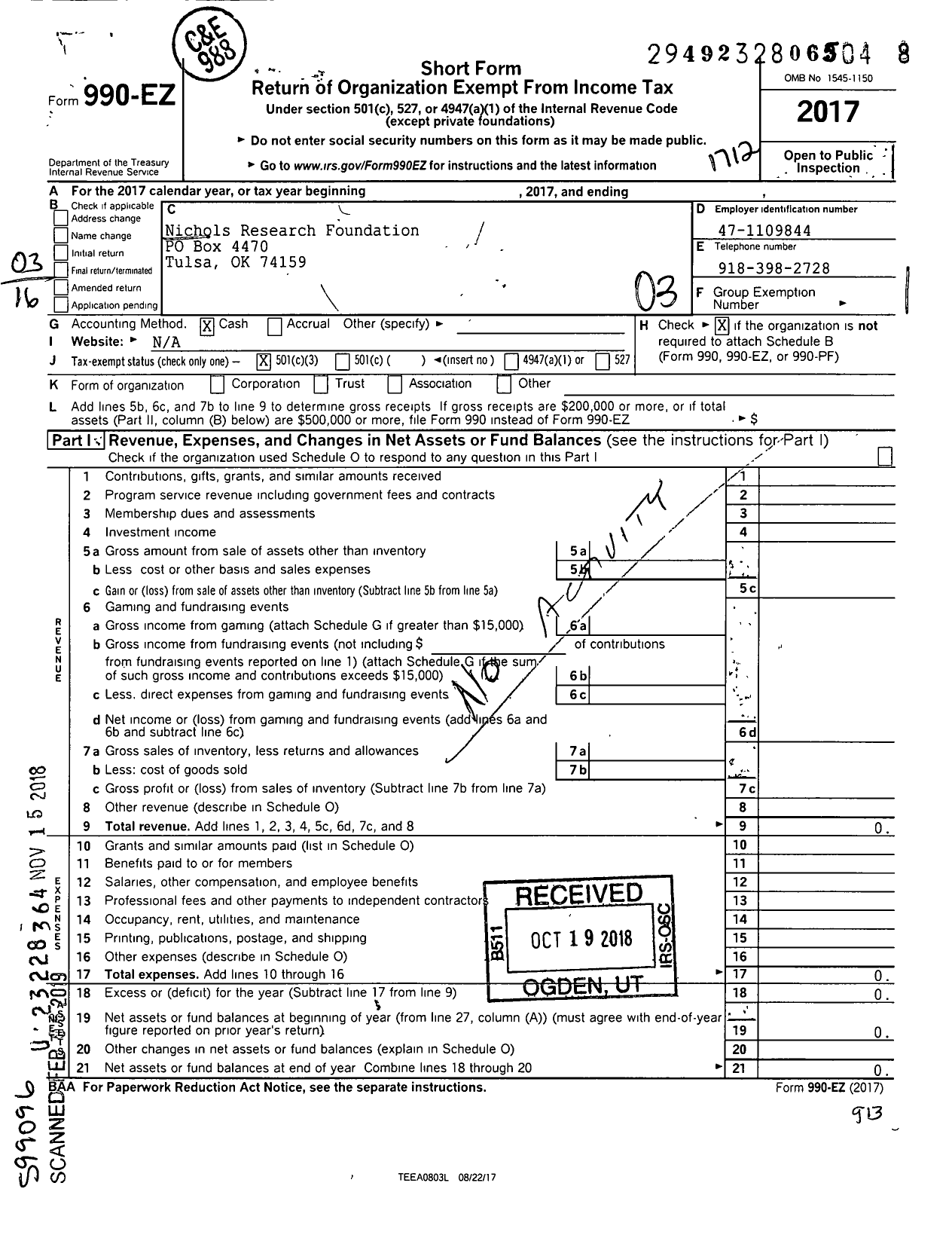 Image of first page of 2017 Form 990EZ for Nichols Research Foundation