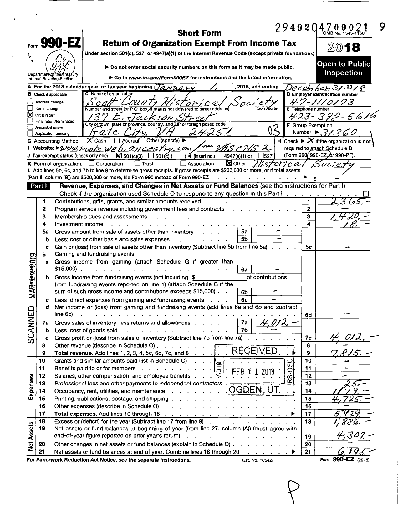 Image of first page of 2018 Form 990EZ for Scott County Historical Society
