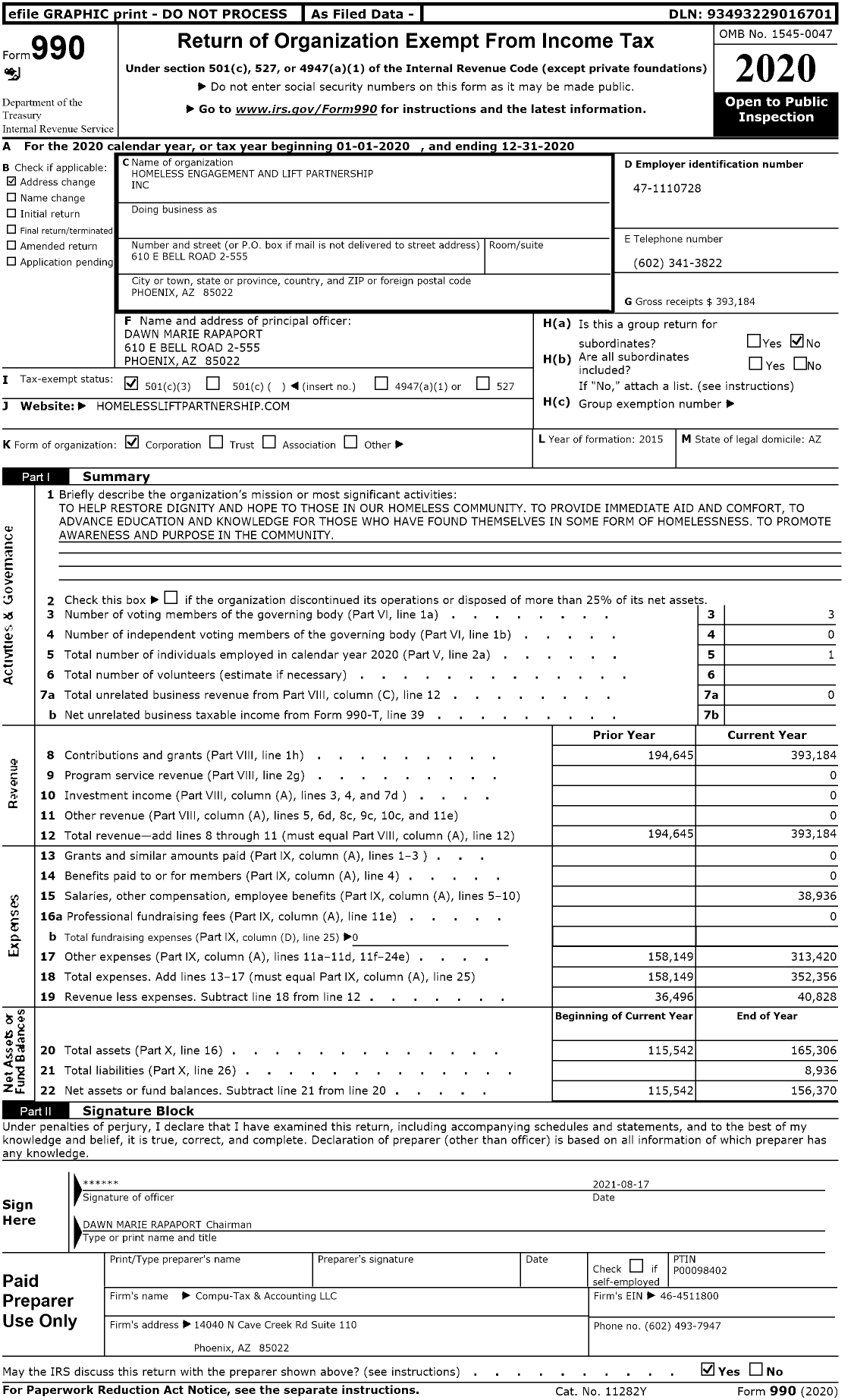 Image of first page of 2020 Form 990 for Homeless Engagement and Lift Partnership