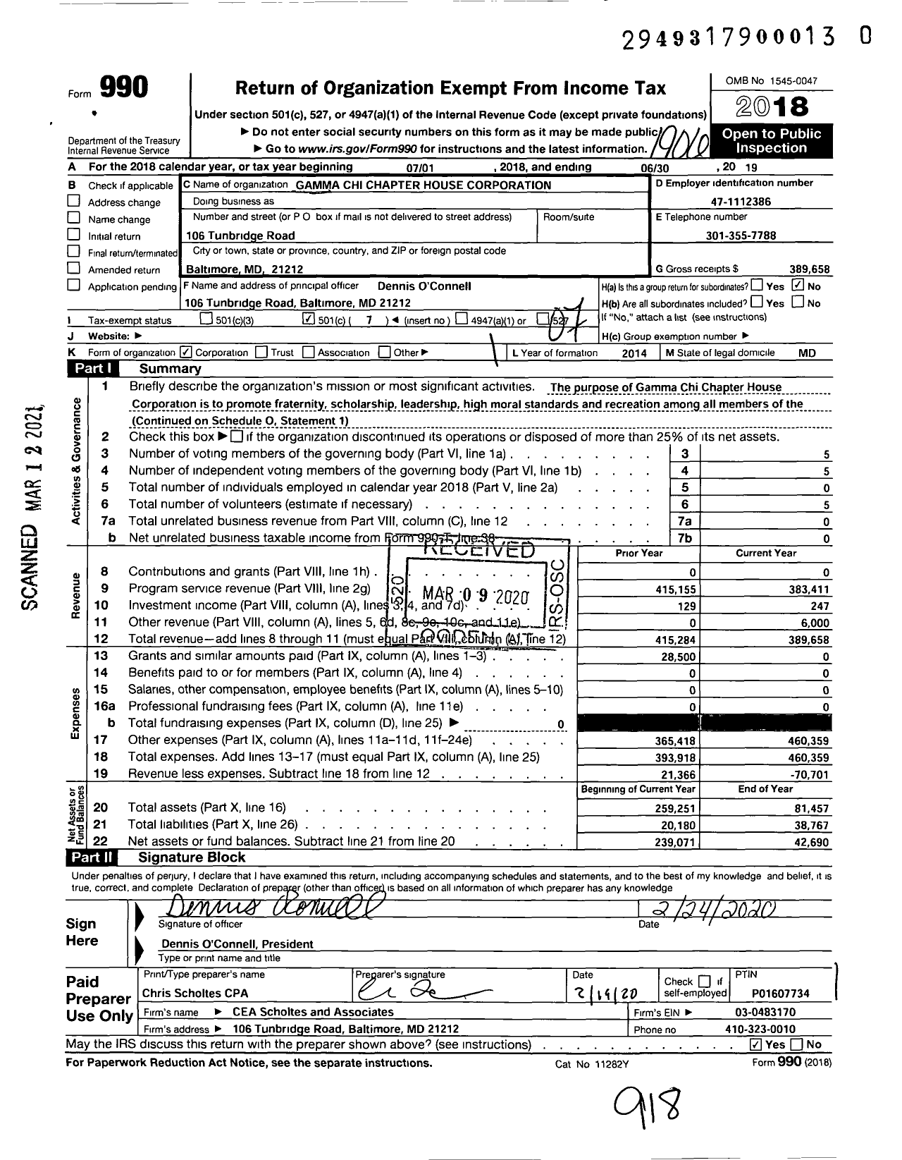 Image of first page of 2018 Form 990O for Gamma Chi Chapter House Corporation