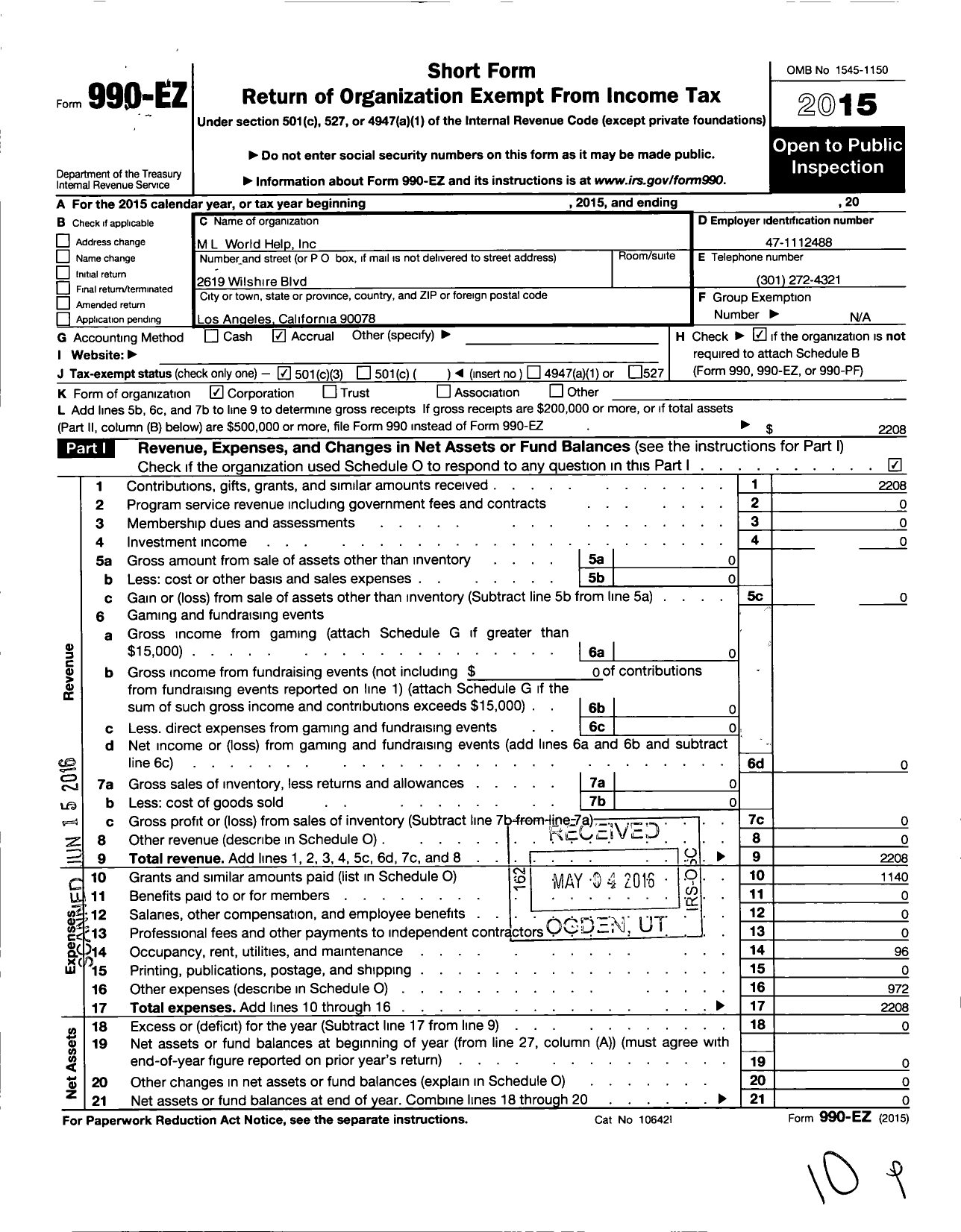 Image of first page of 2015 Form 990EZ for M L World Help