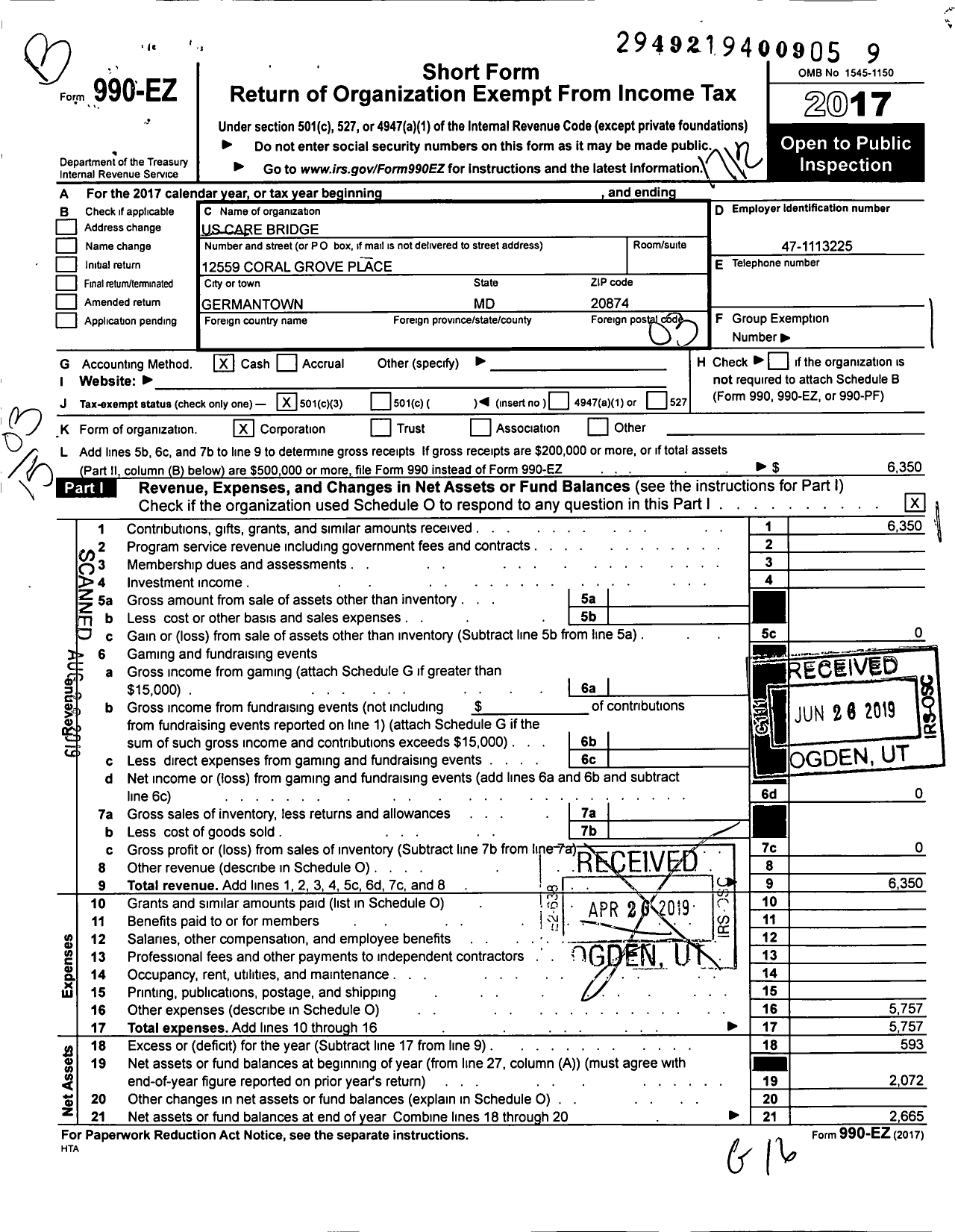 Image of first page of 2017 Form 990EZ for Us Care Bridge