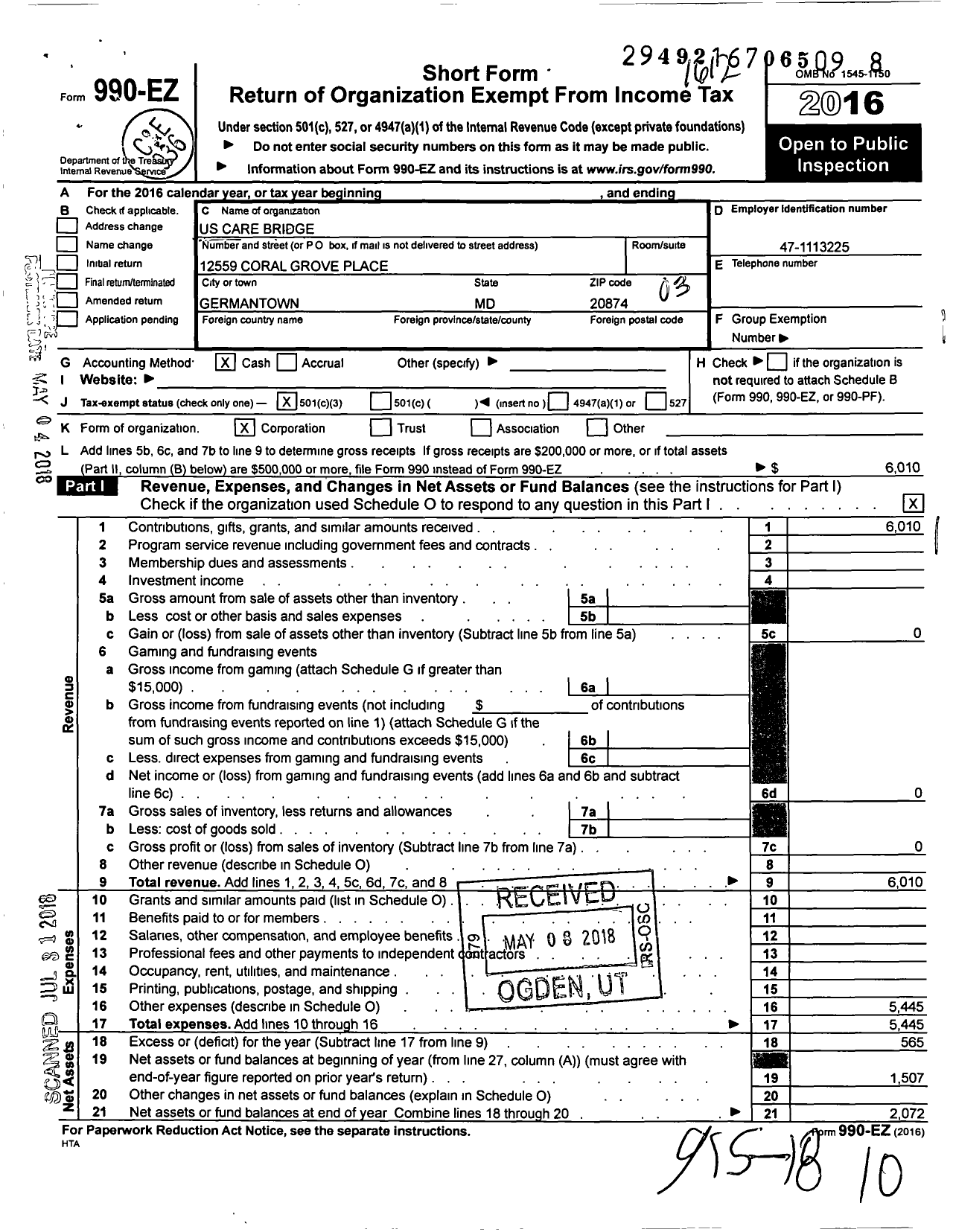 Image of first page of 2016 Form 990EZ for Us Care Bridge