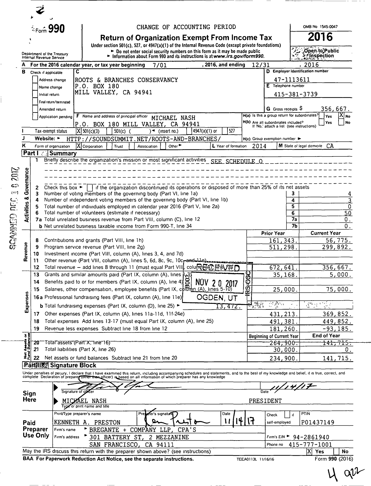 Image of first page of 2016 Form 990 for Roots & Branches Conservancy