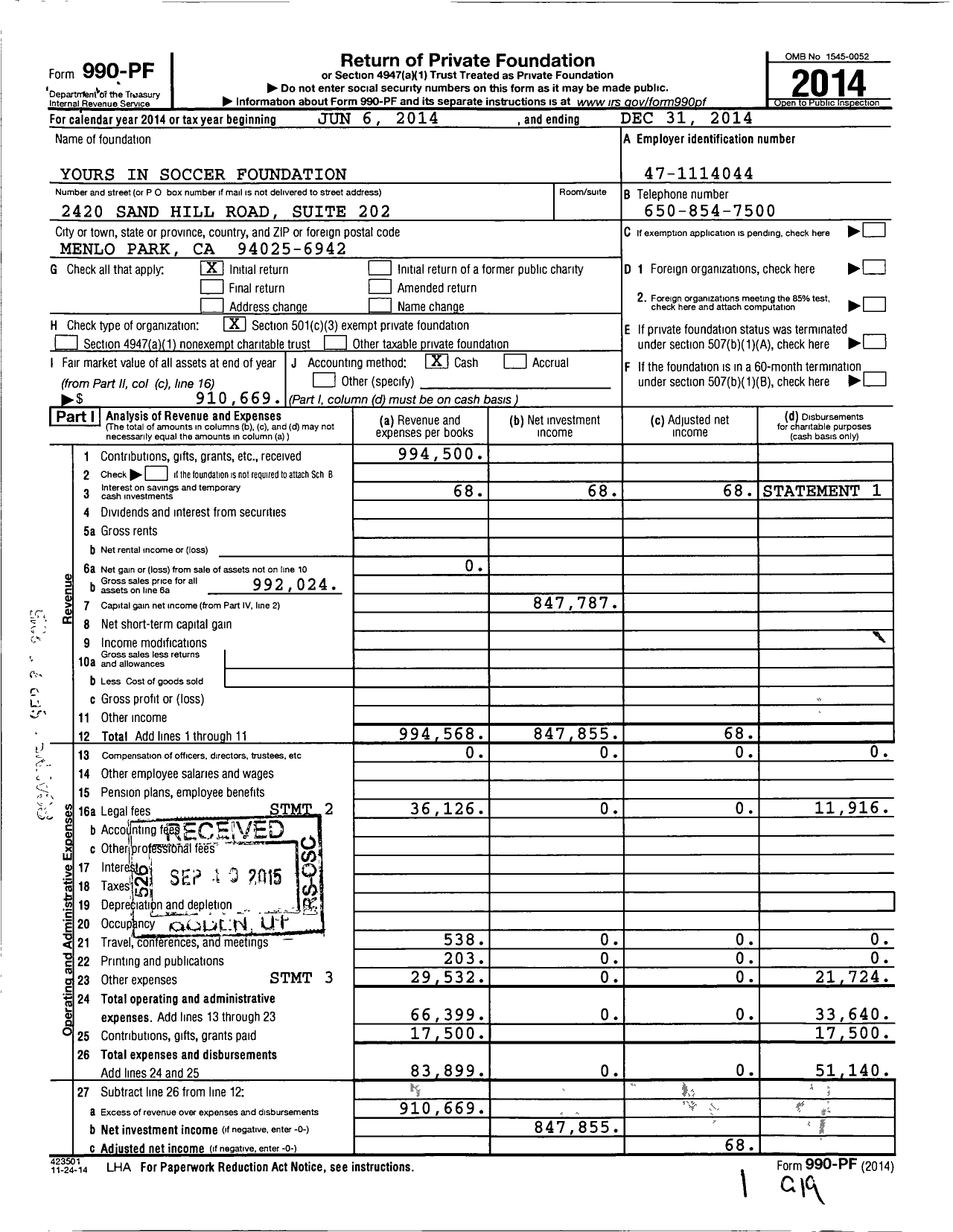 Image of first page of 2014 Form 990PF for Yours in Soccer Foundation