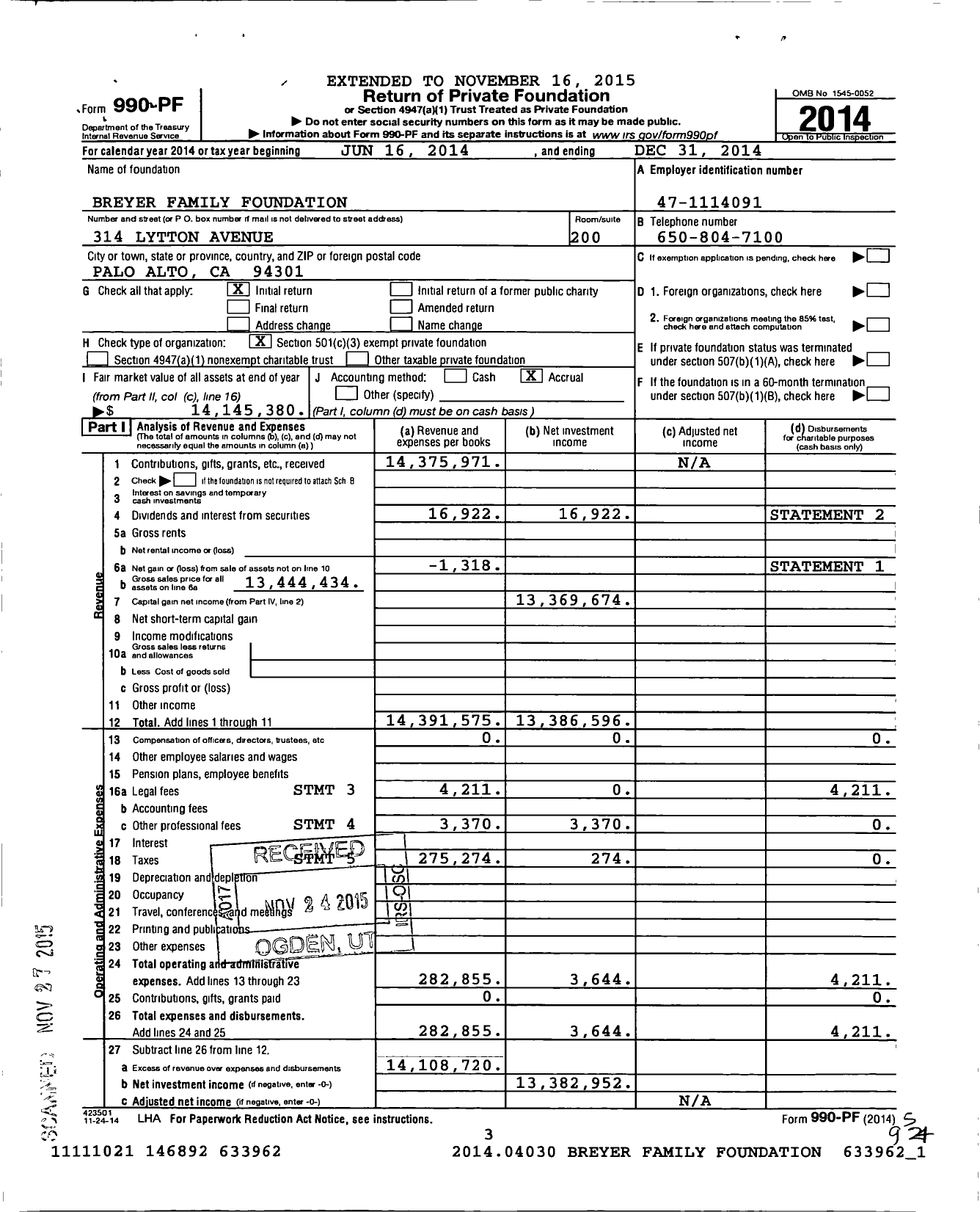 Image of first page of 2014 Form 990PF for Breyer Family Foundation