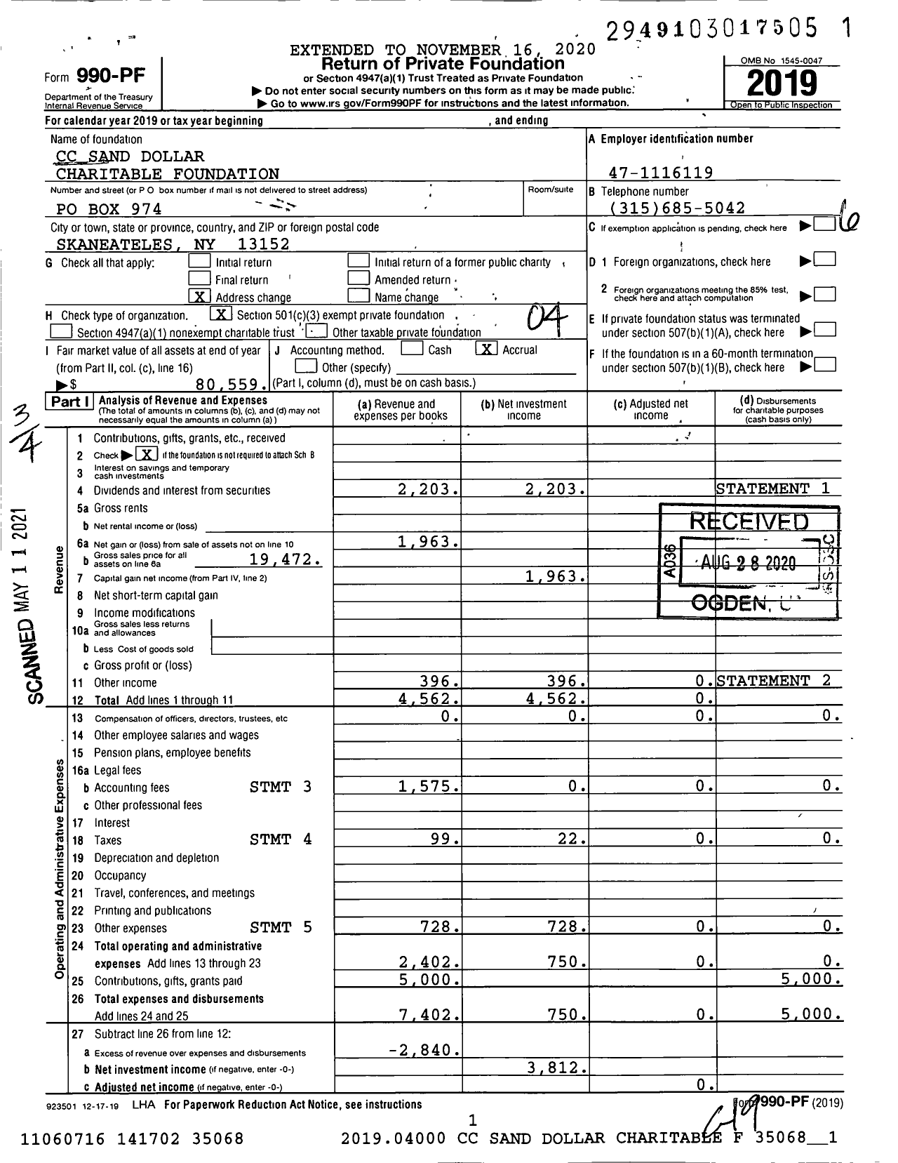Image of first page of 2019 Form 990PF for CC Sand Dollar Charitable Foundation