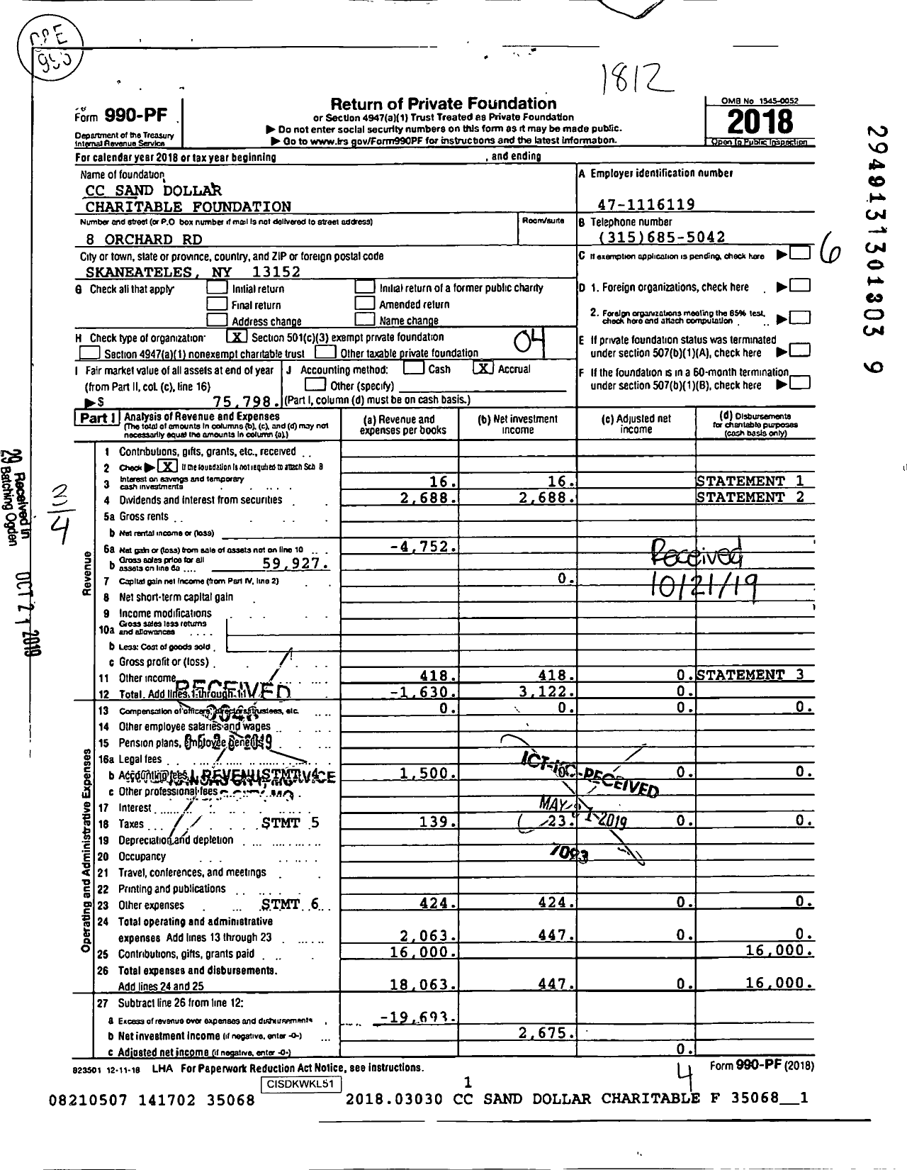 Image of first page of 2018 Form 990PF for CC Sand Dollar Charitable Foundation