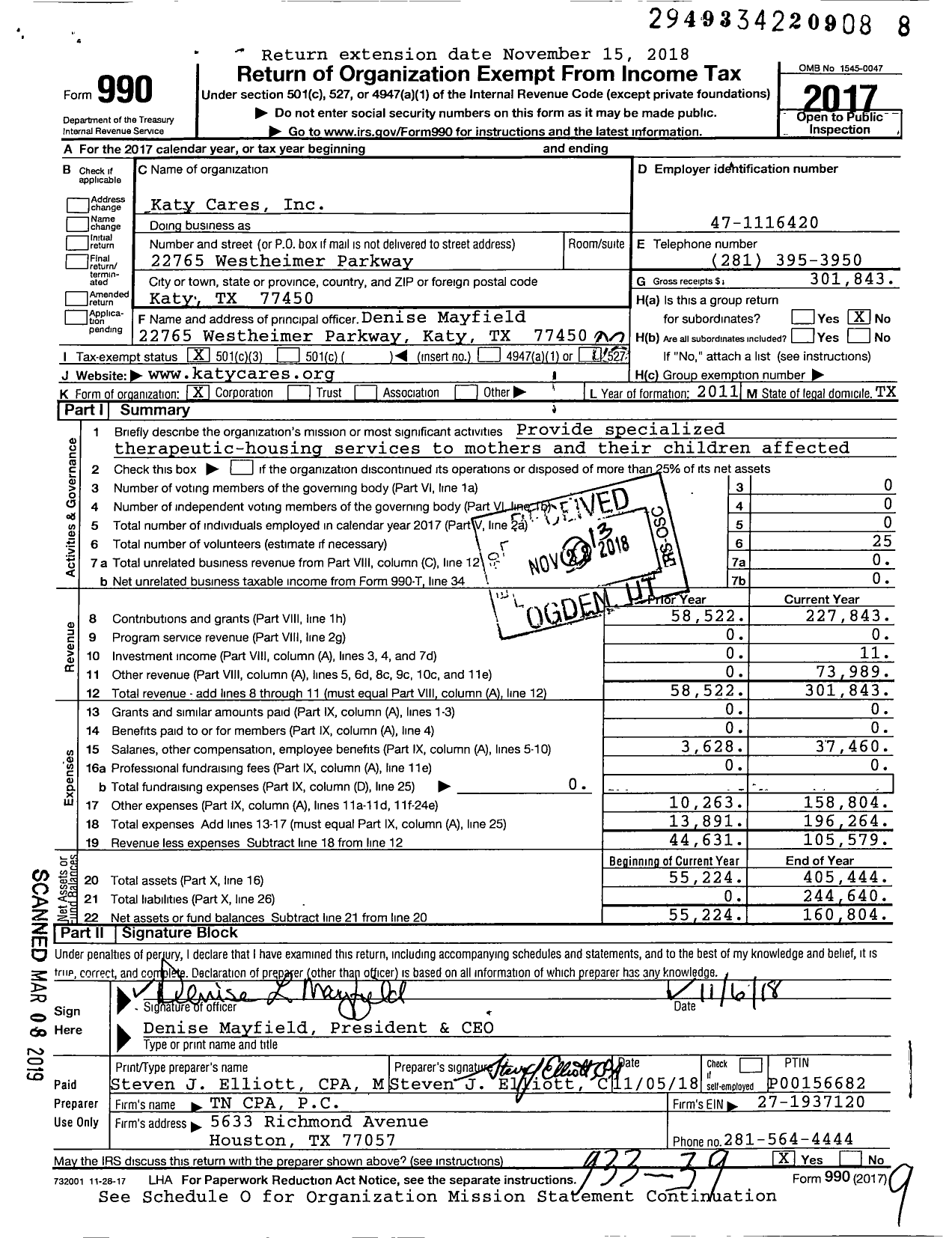 Image of first page of 2017 Form 990 for Katy Cares