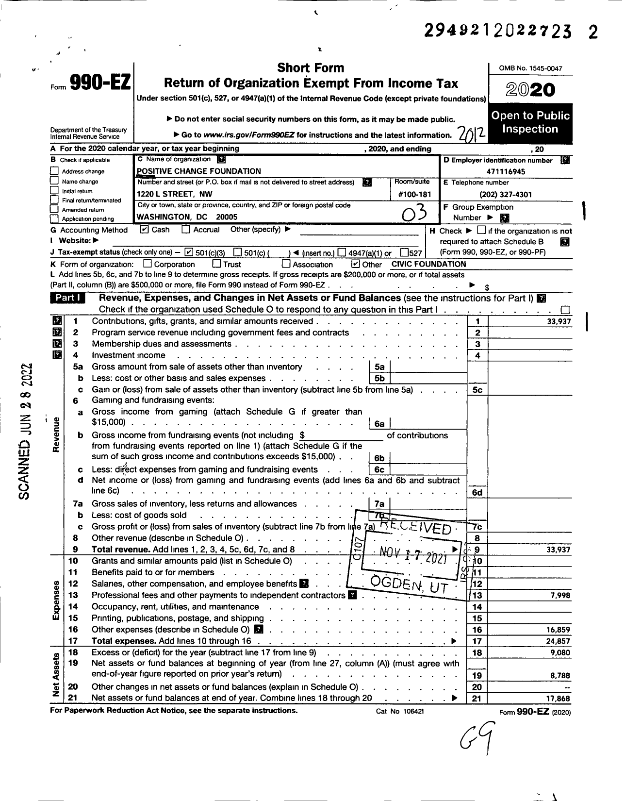 Image of first page of 2020 Form 990EZ for Positive Change Foundation