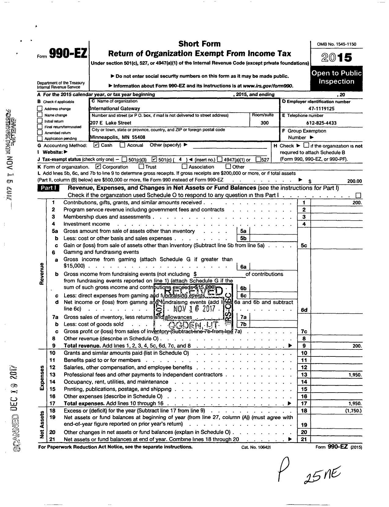 Image of first page of 2015 Form 990EO for International Gateway