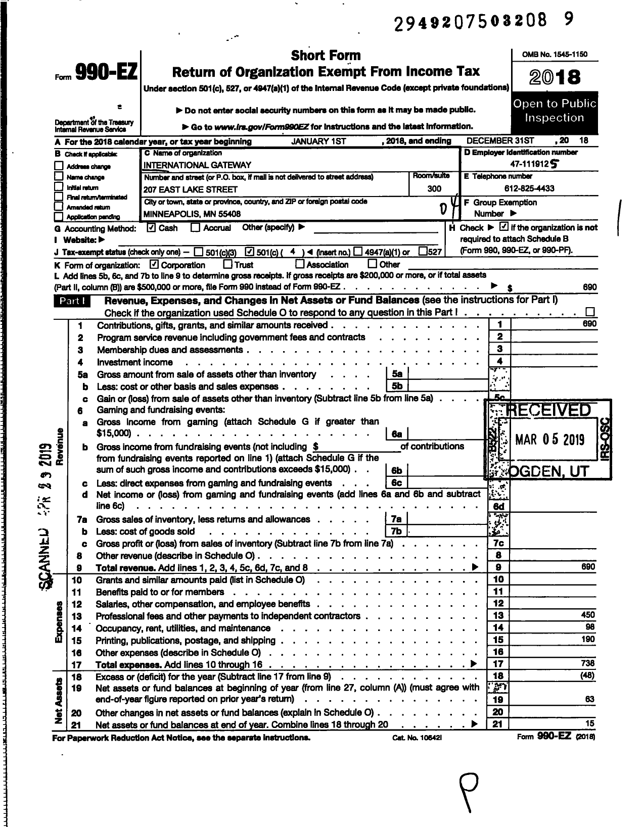 Image of first page of 2018 Form 990EO for International Gateway