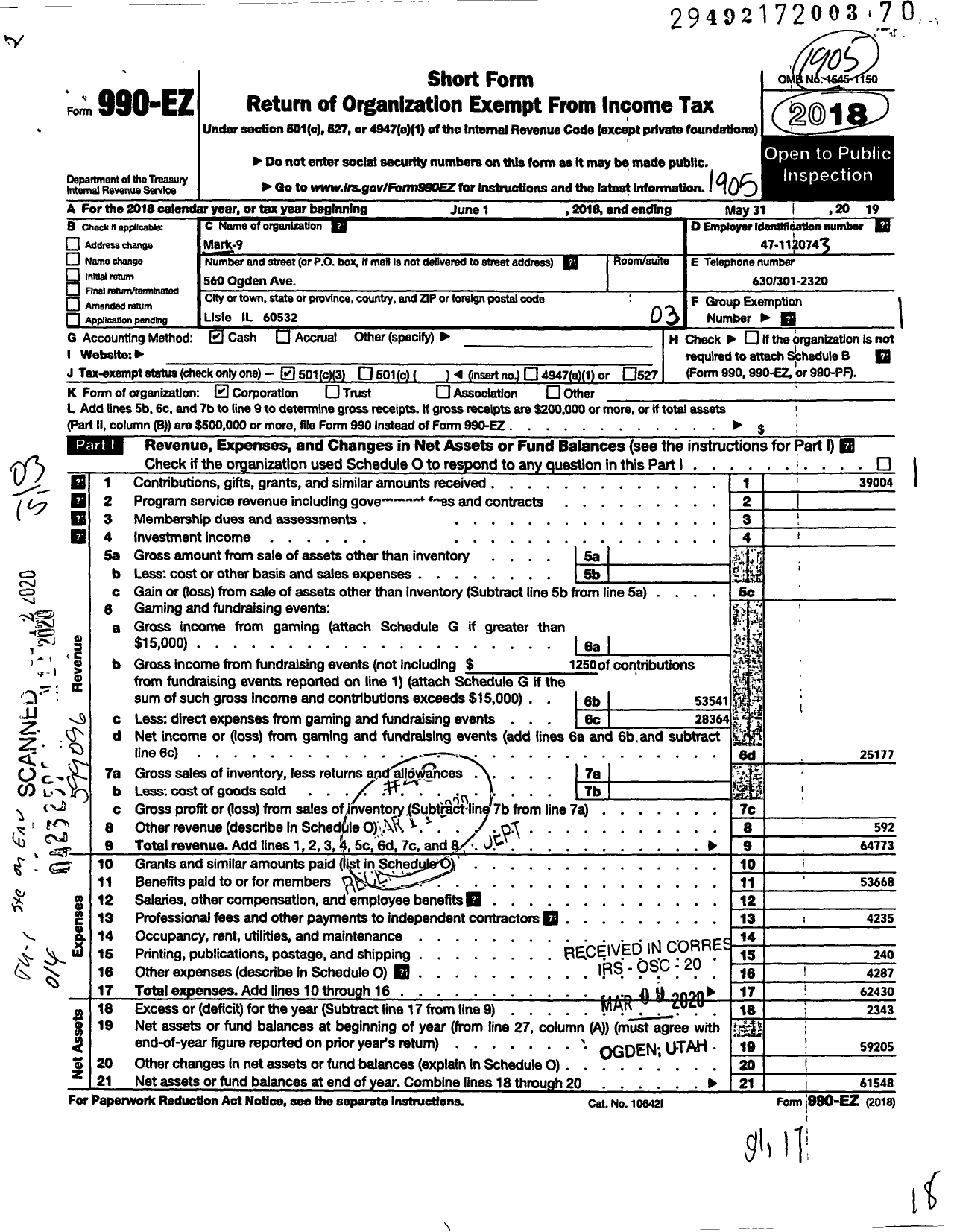 Image of first page of 2018 Form 990EZ for Mark-9