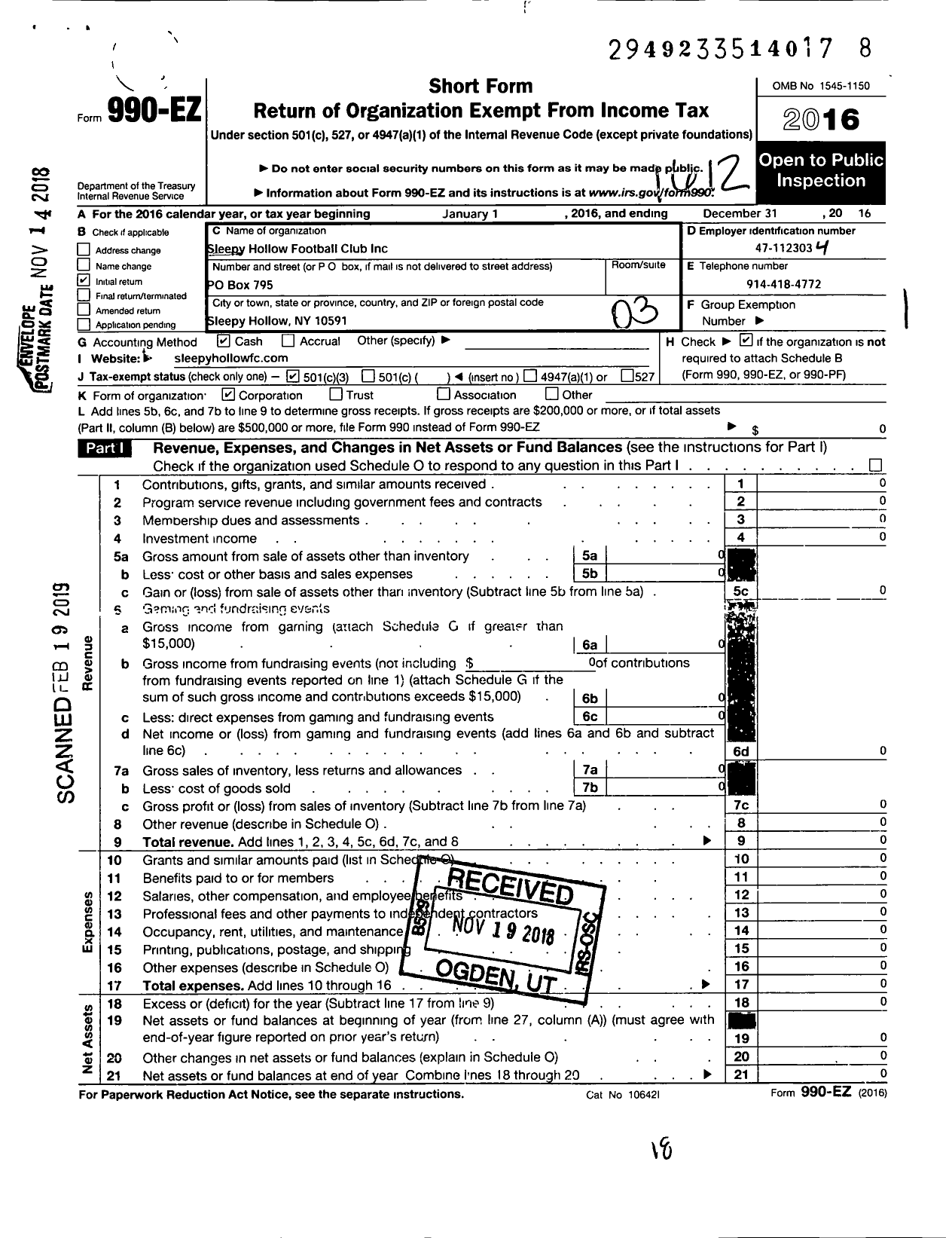 Image of first page of 2016 Form 990EZ for Sleepy Hollow Football Club