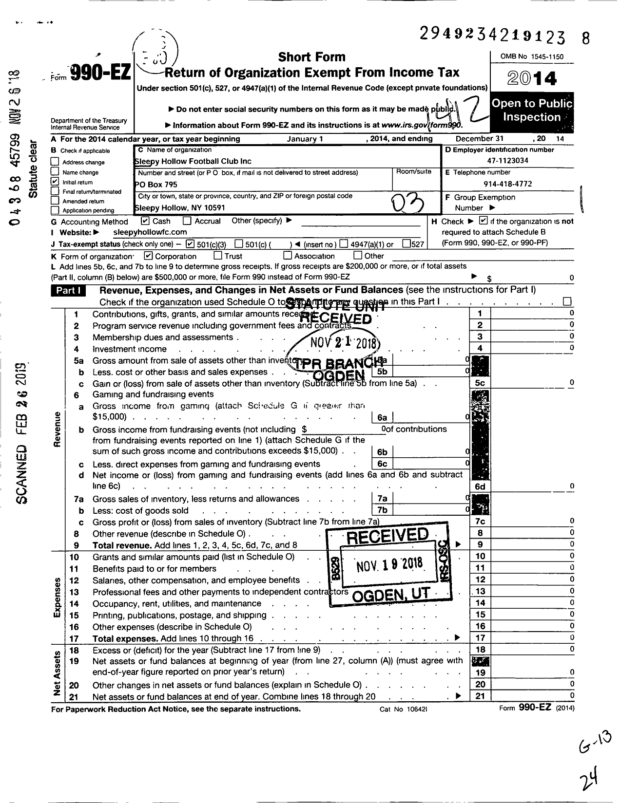 Image of first page of 2014 Form 990EZ for Sleepy Hollow Football Club