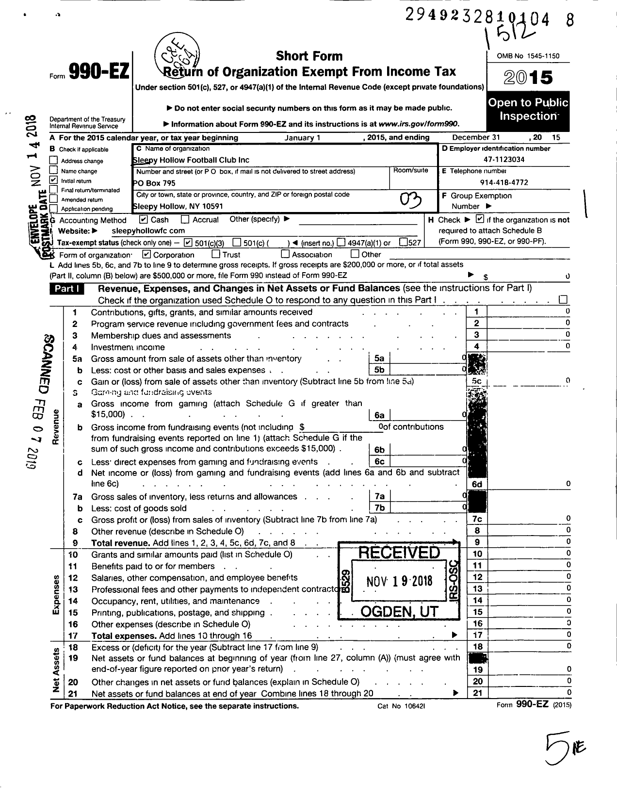 Image of first page of 2015 Form 990EZ for Sleepy Hollow Football Club