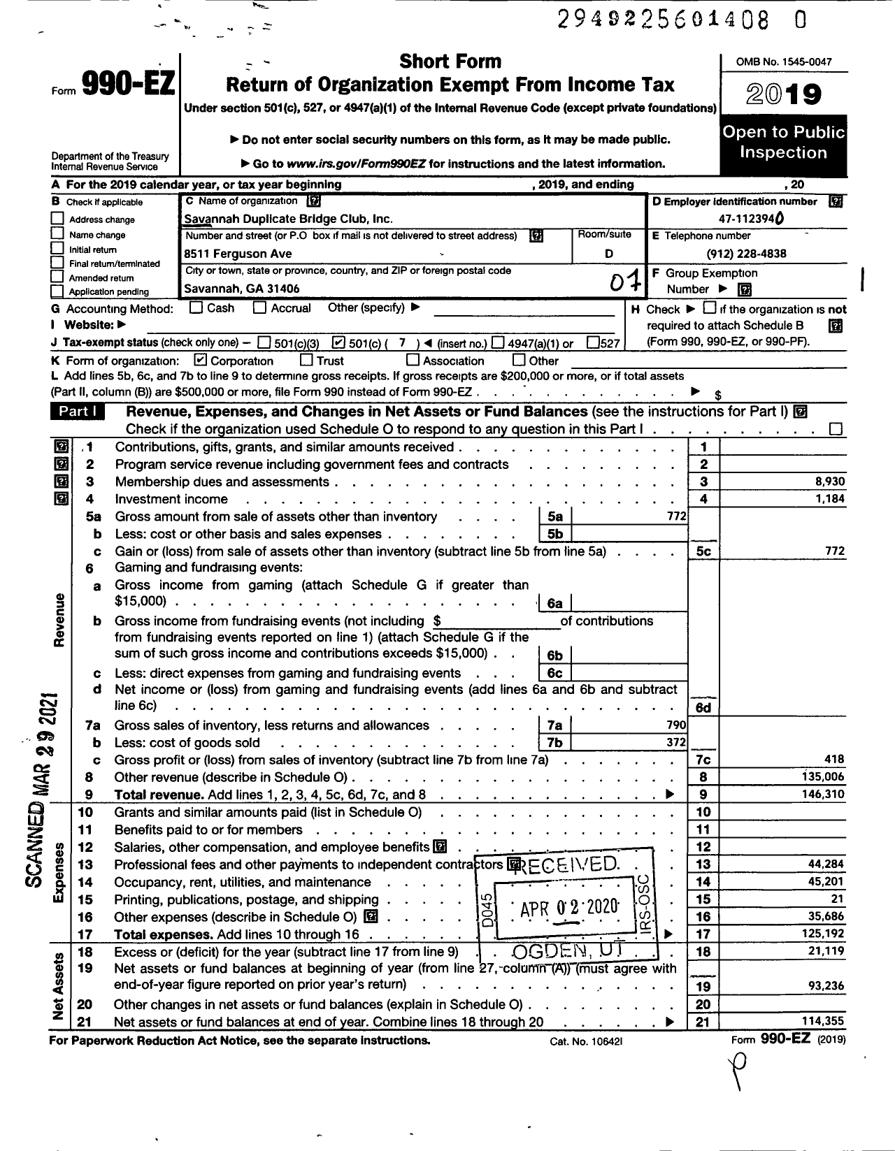 Image of first page of 2019 Form 990EO for Savannah Duplicate Bridge Club